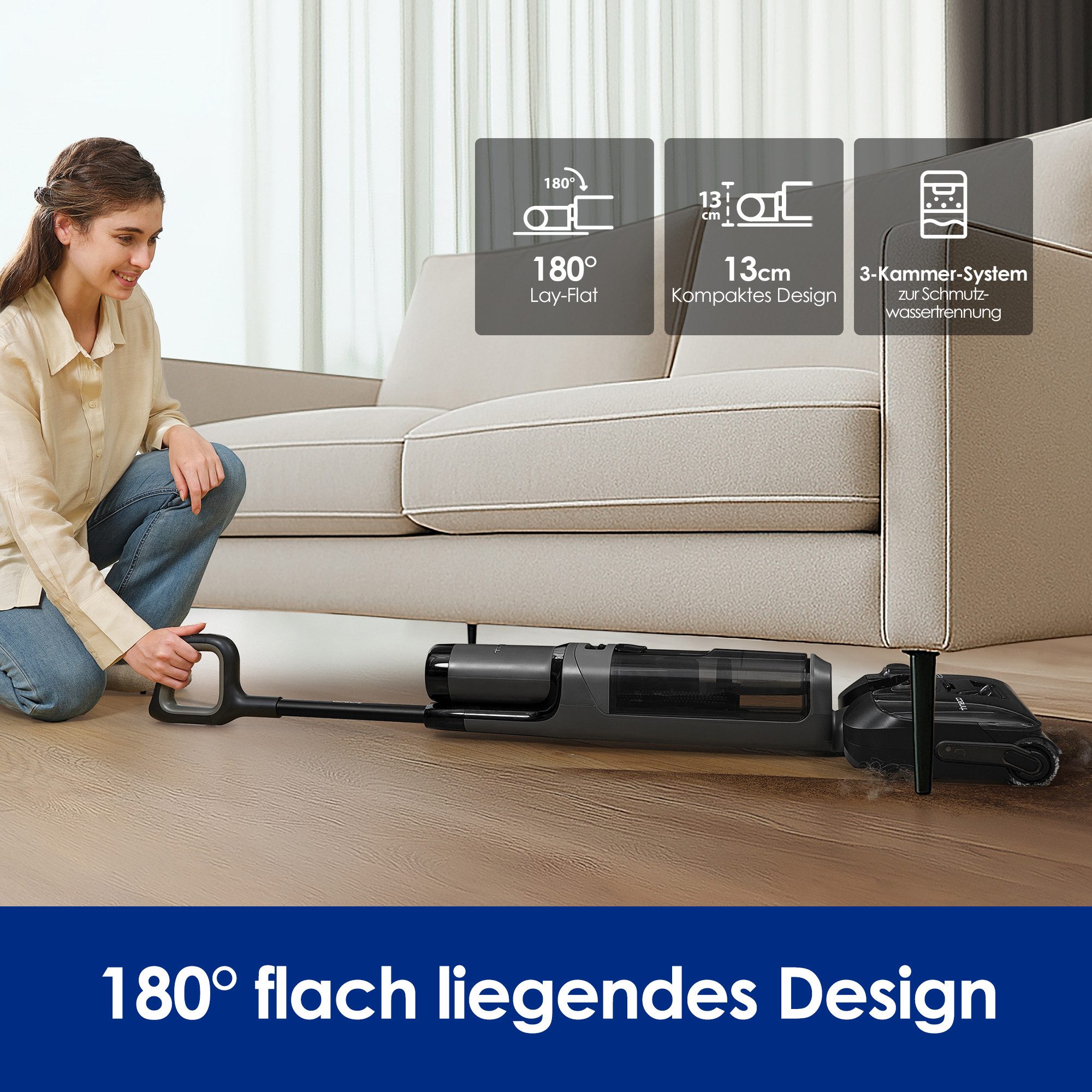 Tineco Nass-Trocken-Sauger FLOOR ONE i6 Stretch Plus, 85° Grad Heißluft-Trocknung, 220 W, beutellos, 40 Min Akku, 180° Grad Stretch Neigung, Anti-Allergiker – Bild 3 von 5