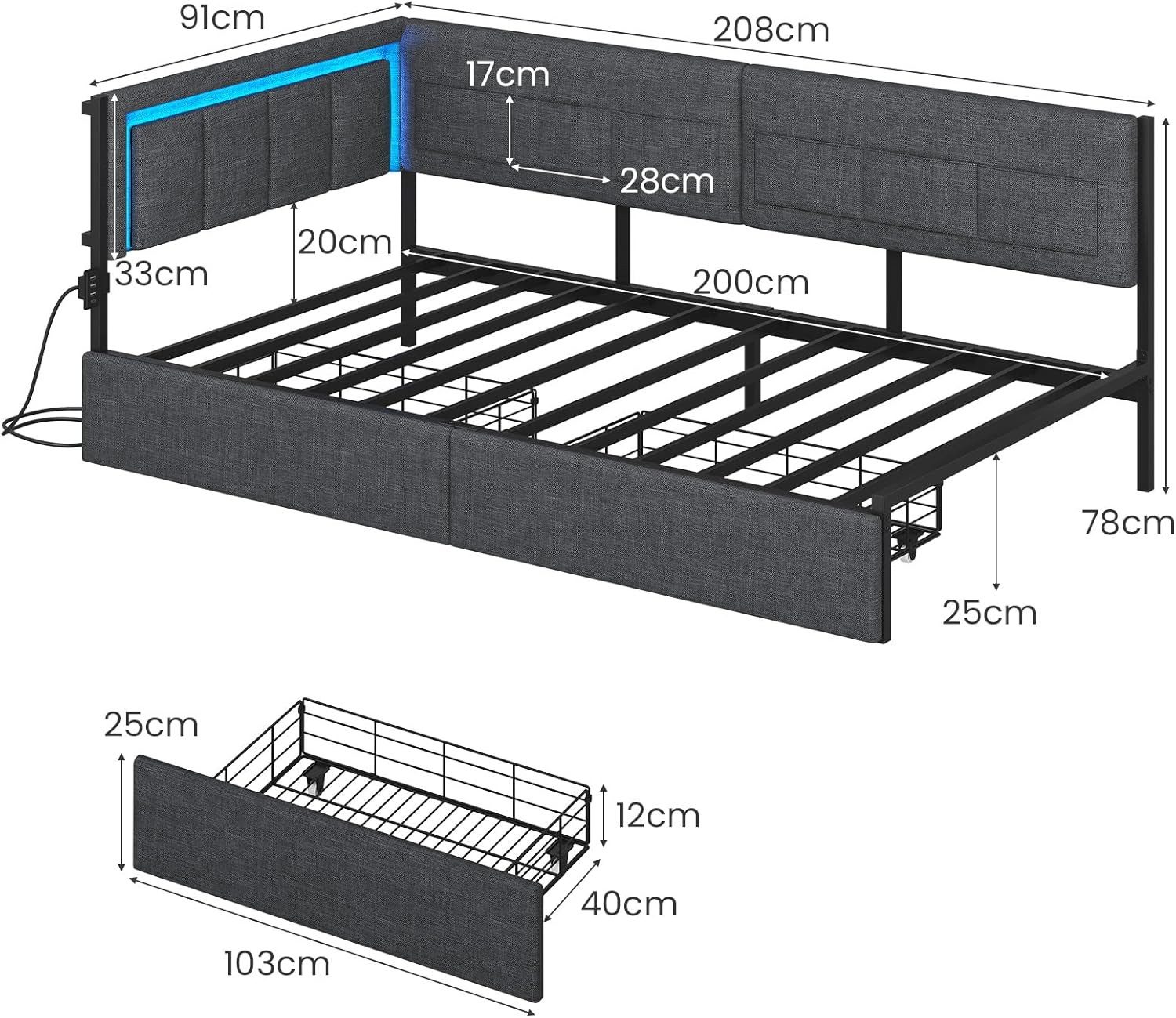KIMENICH Polsterbett Schlafsofa mit LED-Beleuchtung, 6 Stoffbeutel & Ladestation (Ohne Matratze), Jugendbett mit 2 Schubladen, Grau – 90x200 cm