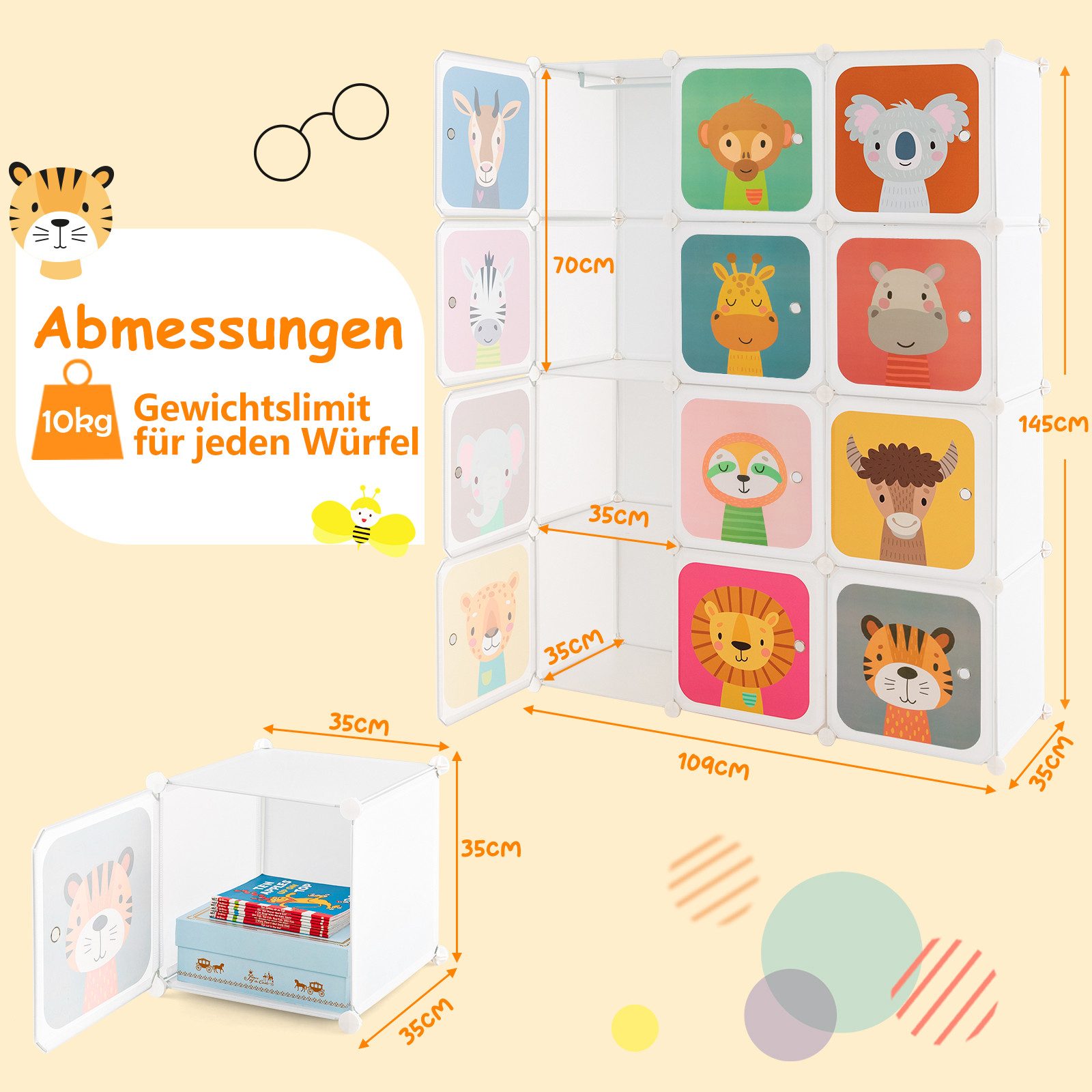 COSTWAY Kinderkleiderschrank mit 2 Kleiderstängen und 12 Würfeln, erweiterbar – Bild 5 von 5