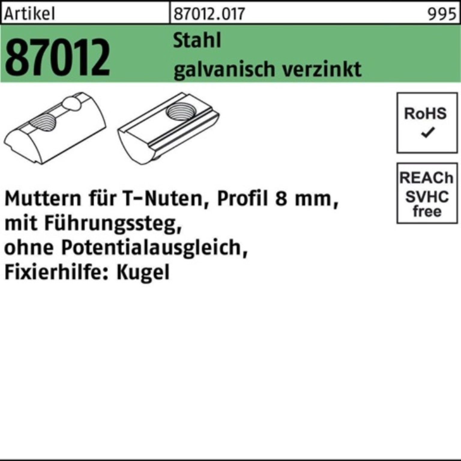 Reyher Muttern 1000er Pack T-Nutenmutter R 87012 Führungssteg/o.Potenzial./Kugel 8mm