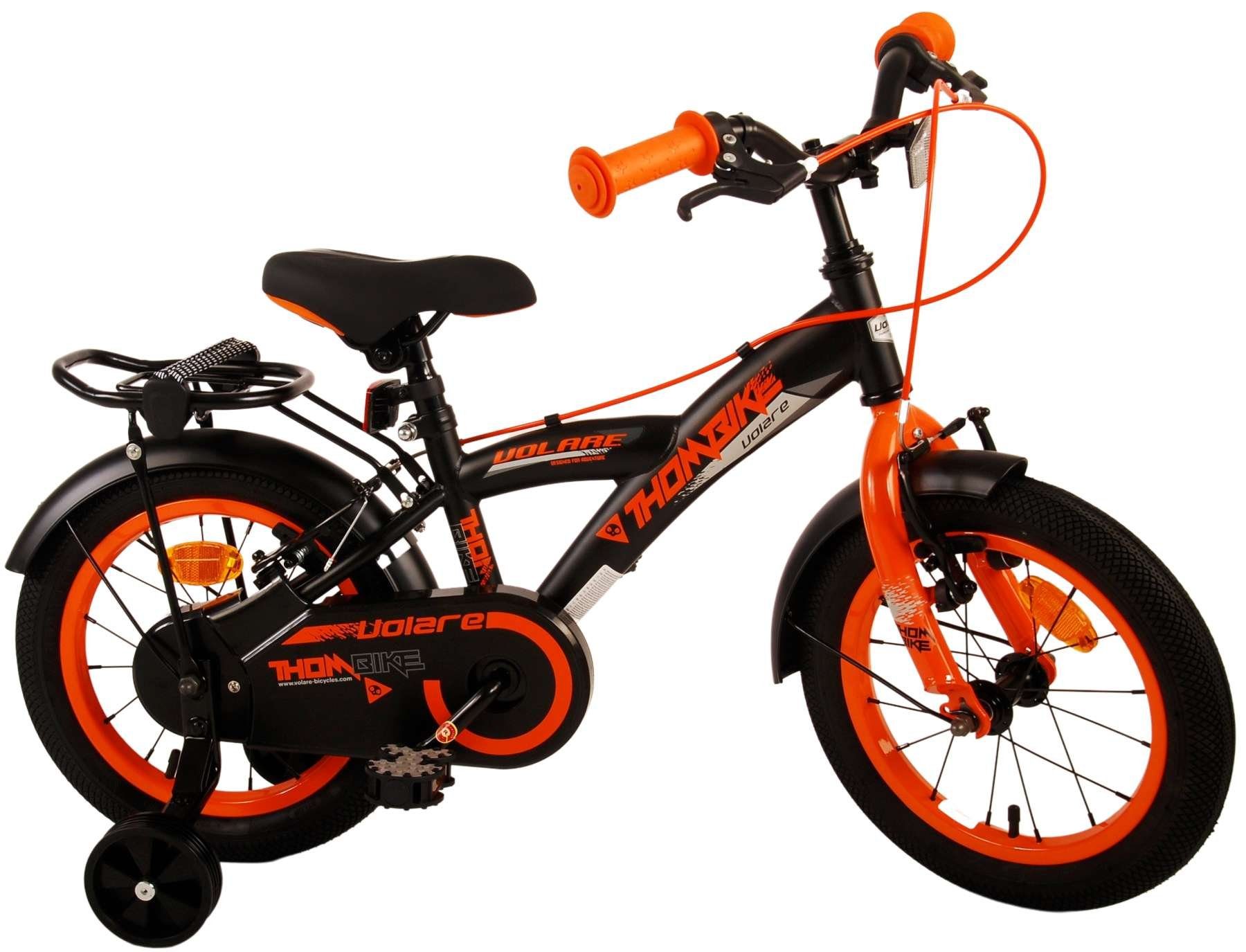 Volare Kinderfahrrad Thombike - 12 oder 14 Zoll - Zweihandbremsen - bis 60 kg, 85% zusammengebaut, 3 - 5 Jahre, Lenkerhöhe einstellbar schwarz-orange