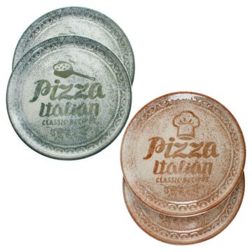 MamboCat Pizzateller 4x Pizzateller creme & grün Ø33cm 4 Personen XL-Teller Dekor Platte