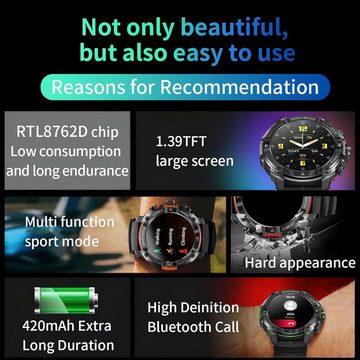 SGDDFIT Smartwatch (1,39 Zoll, Android, iOS), mit Telefonfunktion,Sportuhr, Sportmodi, Blutdruckmessung, Fitnessuhr