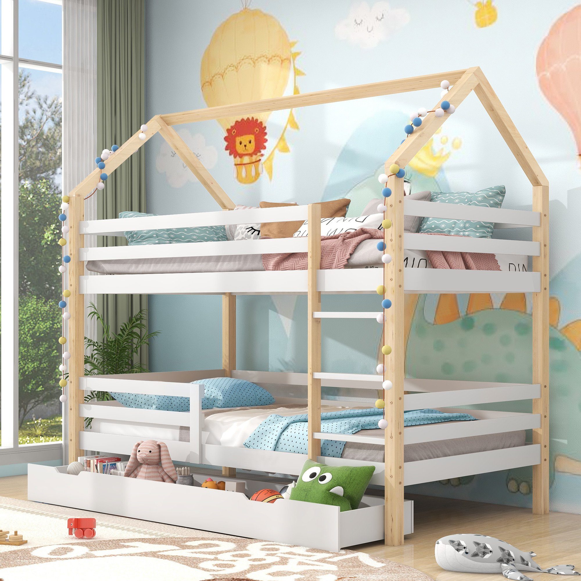 Etagenbett, Kinderbett mit großen Schublade 90*200cm, Kiefernholz