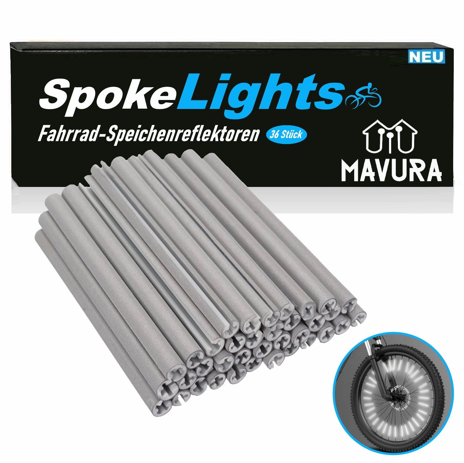 MAVURA Fahrradreflektor SpokeLights Fahrrad Speichen Reflektoren Speichenreflektoren, (Katzenaugen Stäbe Speichenlicht Rad), Strahler Fahrrad Licht Speichensticks weiß [36er Set]