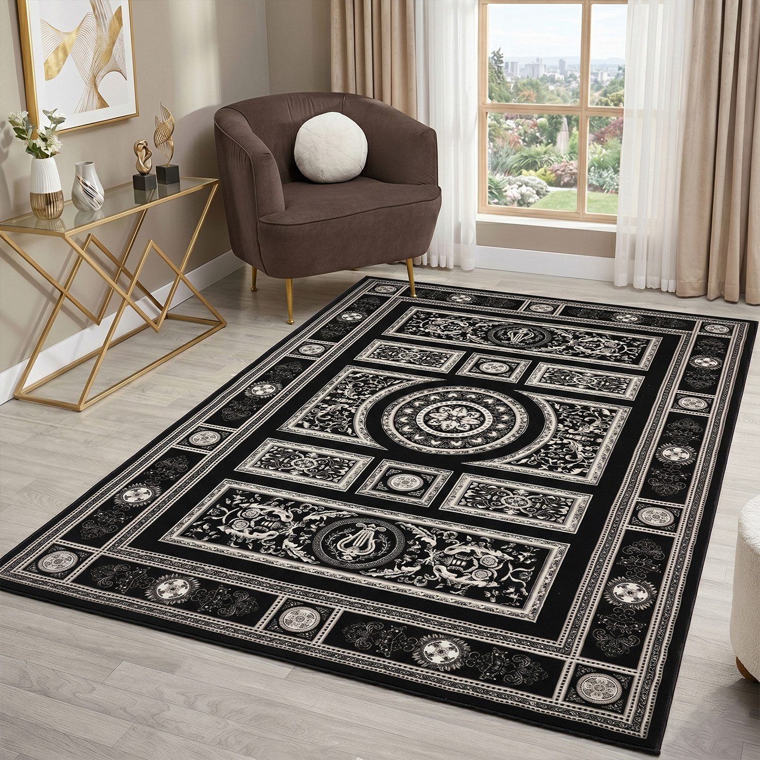 Vimoda Orientteppich Kurzflor Schwarz & Gold, Wohnzimmerteppich mit Ornament Muster, Rechteckig, Höhe: 8 mm, Bordüre, pflegeleichter Wohnzimmerteppich, schlafzimmer