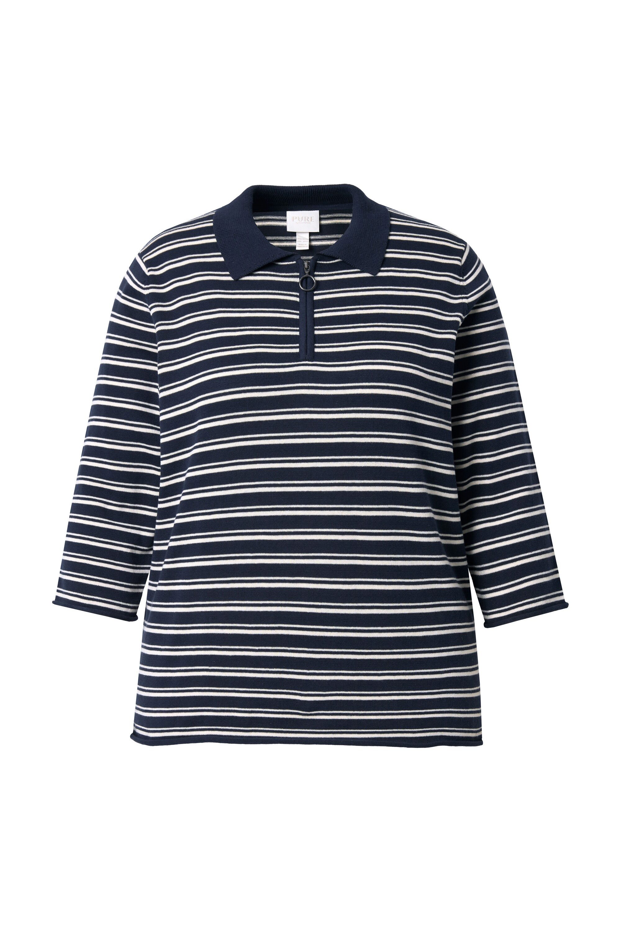 Ulla Popken Strickpullover Polo-Pullover Ringel 3/4-Arm Biobaumwolle