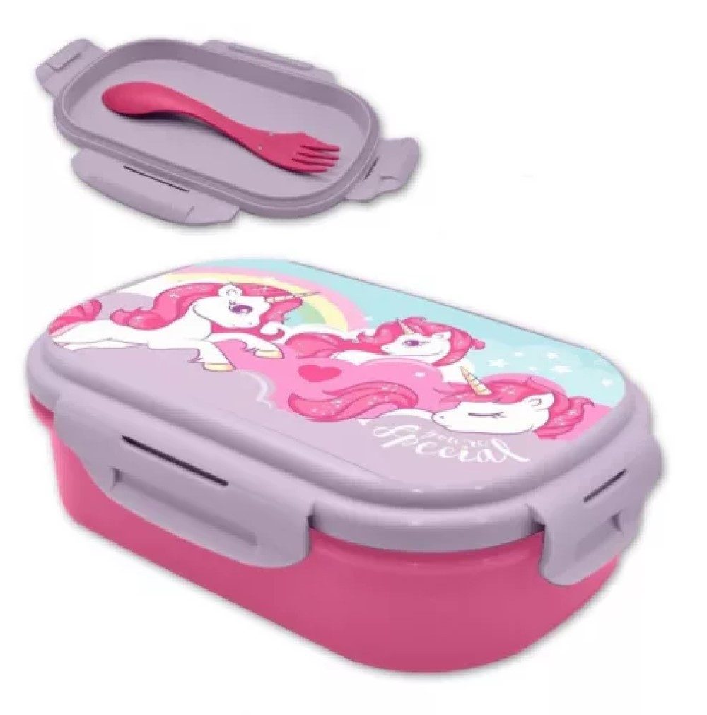 Kids Euroswan Lunchbox Einhorn Brotdose mit Besteck drei Einhörner mit einem Regenbogen