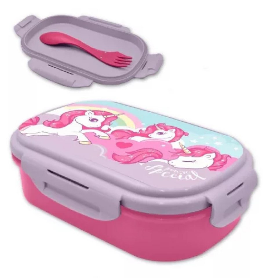 Kids Euroswan Lunchbox Einhorn Brotdose mit Besteck drei Einhörner mit einem Regenbogen