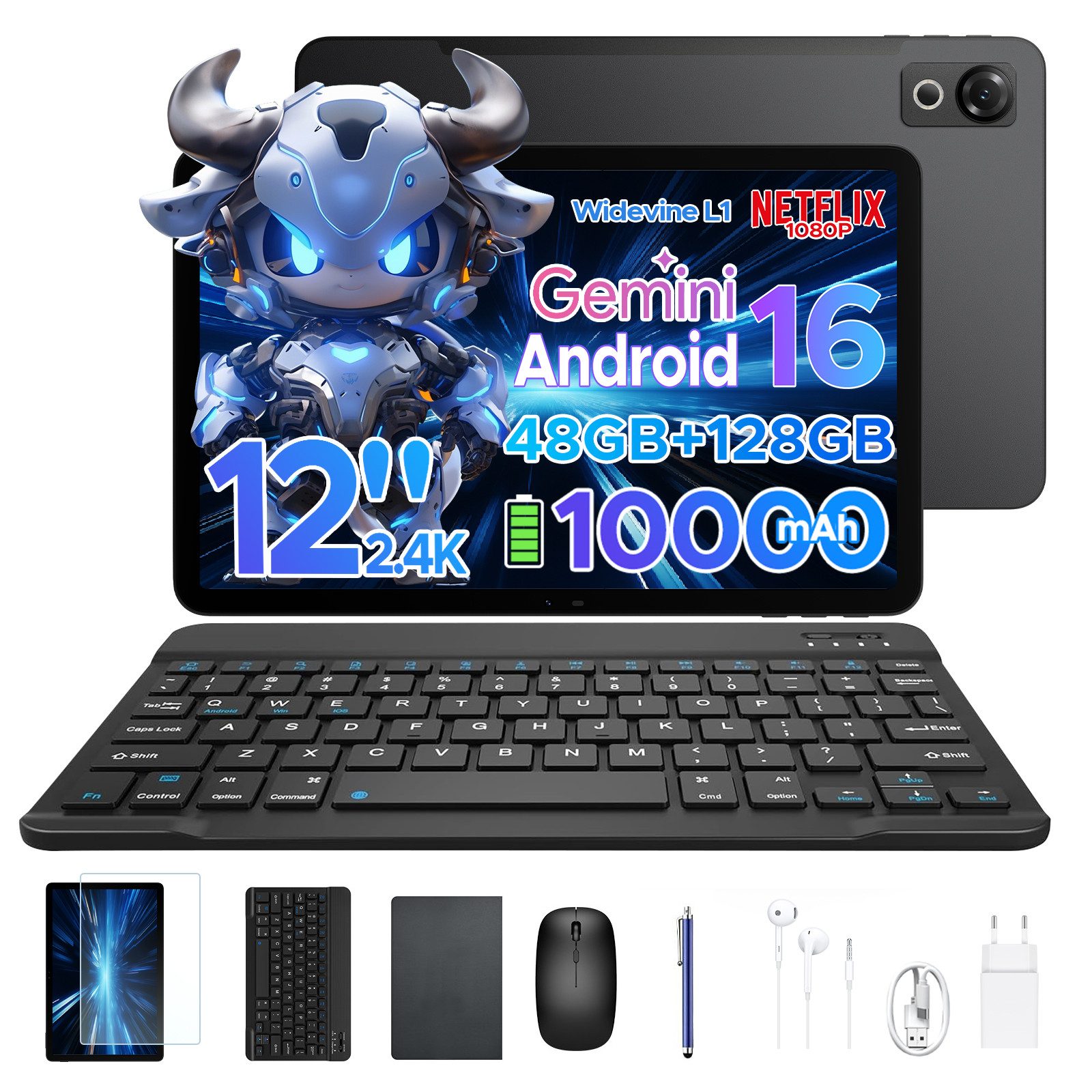 Aorlym AP12 Android 16 Tablet mit Tastatur, 12 zoll, 2.4K 120Hz, 10000mAh/18W Tablet (12", 128 GB, Android 16, WiFi, 48GB RAM(8+ 40GB erweitert)+128GB ROM, Gemini AI, 5G WiFi, Face ID/GPS)