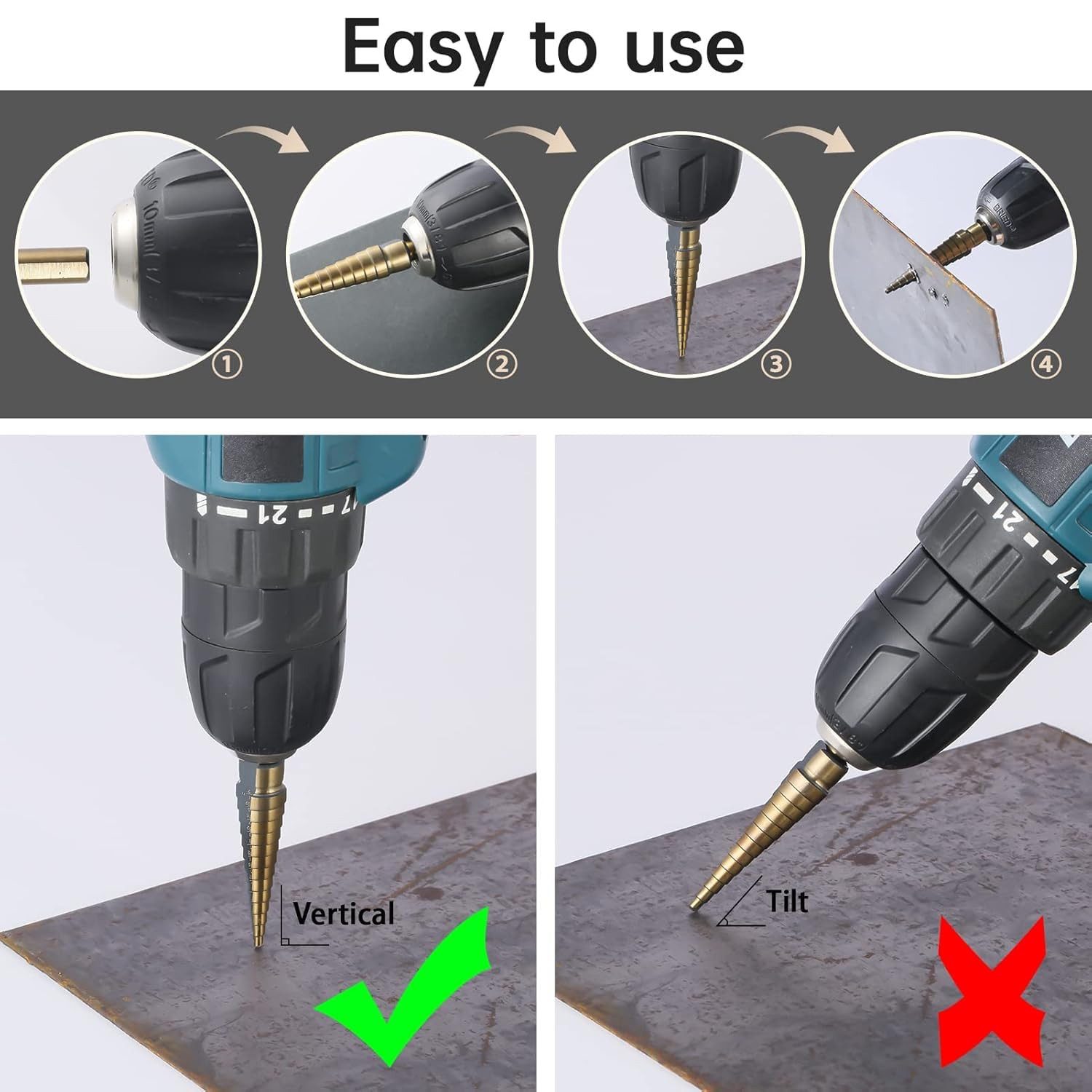 BlingBin Metallbohrer 5-teiliges Stufenbohrer-Set, HSS-Kobalt-Titan-Stufenbohrer, (1er Set, 5-tlg., 5tlg), Hochgeschwindigkeits-Stufenbohrer, mit 50 verschiedenen Lochgrößen