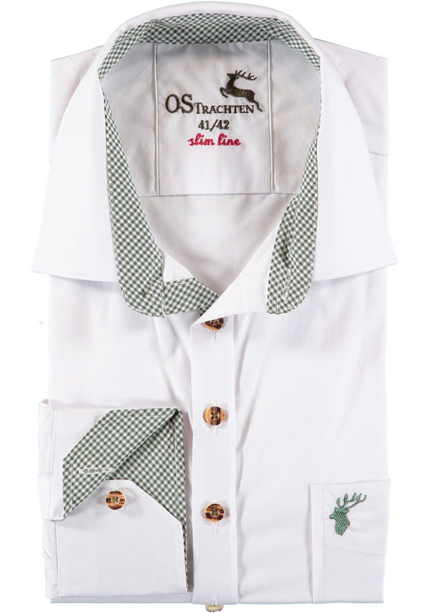 Trachtenhemd Brusttasche auf Oqqaya OS-Trachten Herren mit Langarmhemd der Hirsch-Stickerei