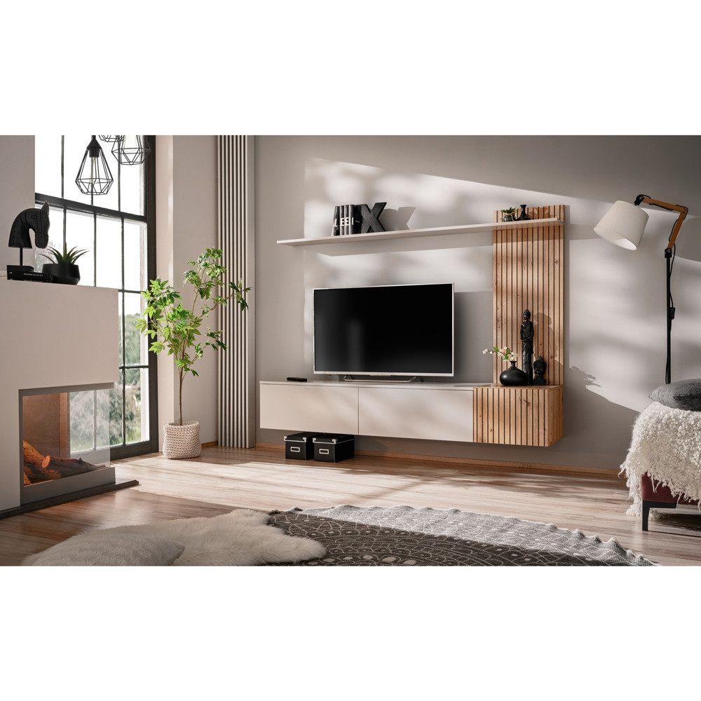 Lomadox Wohnwand SANLORENZO-164, in Kaschmir mit Eiche, 180 cm breit, Wandpaneel, TV-Schrank, Regal