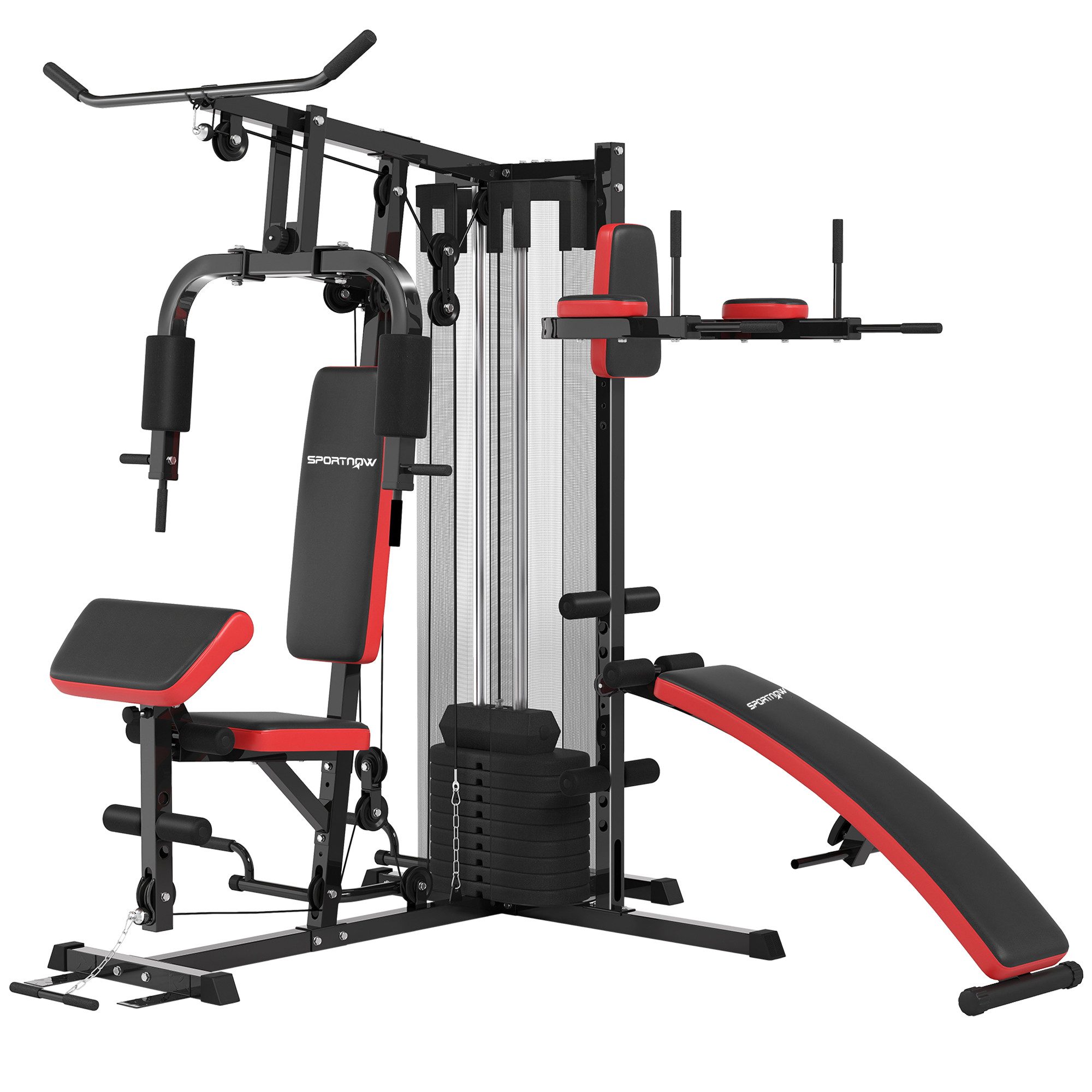 SPORTNOW Kraftstation mit Butterfly- & Latzugstange, Curler, Brustpresse, Sit-Up-Bank, 10 Gewichtsblöcke (Fitnessgerät, 1-tlg., Fitnessstation), mit 65 kg Gewichtsblöcken für Zuhause, Schwarz