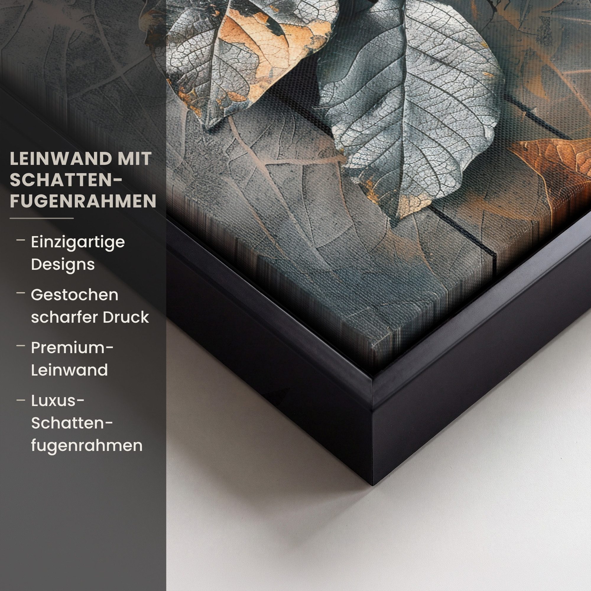OneMillionCanvasses® Leinwandbild mit Rahmen - Blätter - Herbst - Grau - Natur, Fotodruck (1 St), Leinwand Bilder Klein, Wand Dekoration Aesthetic 20x20cm – Bild 3 von 5