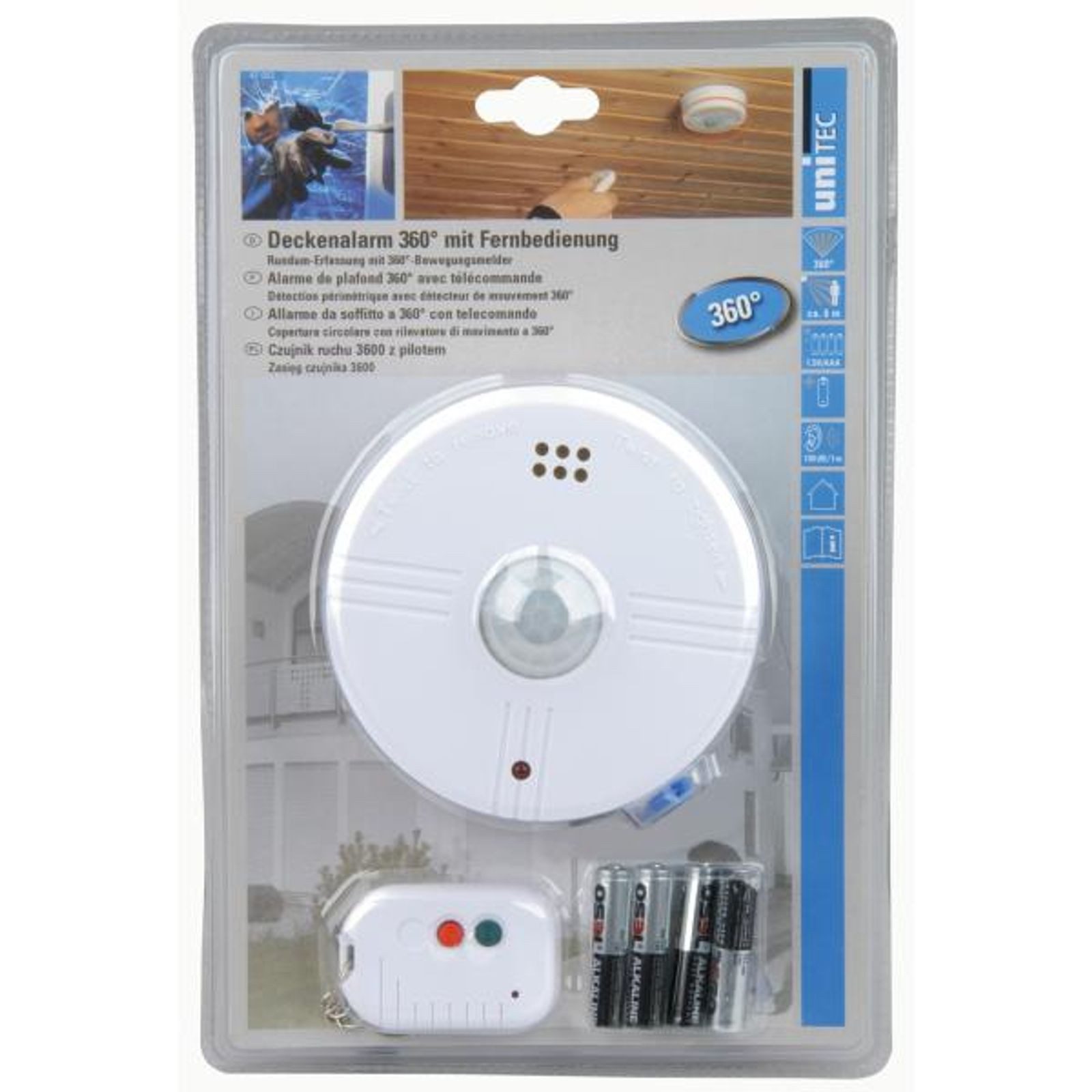 UNITEC Deckenalarm 360° Bewegungsmelder mit Fernbedienung Alarmanlage Alarm CO-Melder