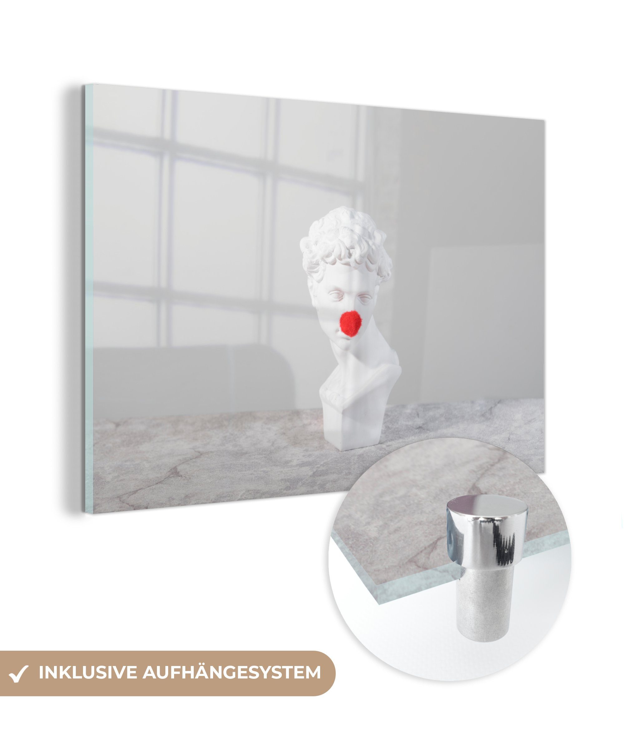 Wohnzimmer Komische mit Acrylglasbilder (1 Schlafzimmer Acrylglasbild Statue Clownsnase, MuchoWow & St),