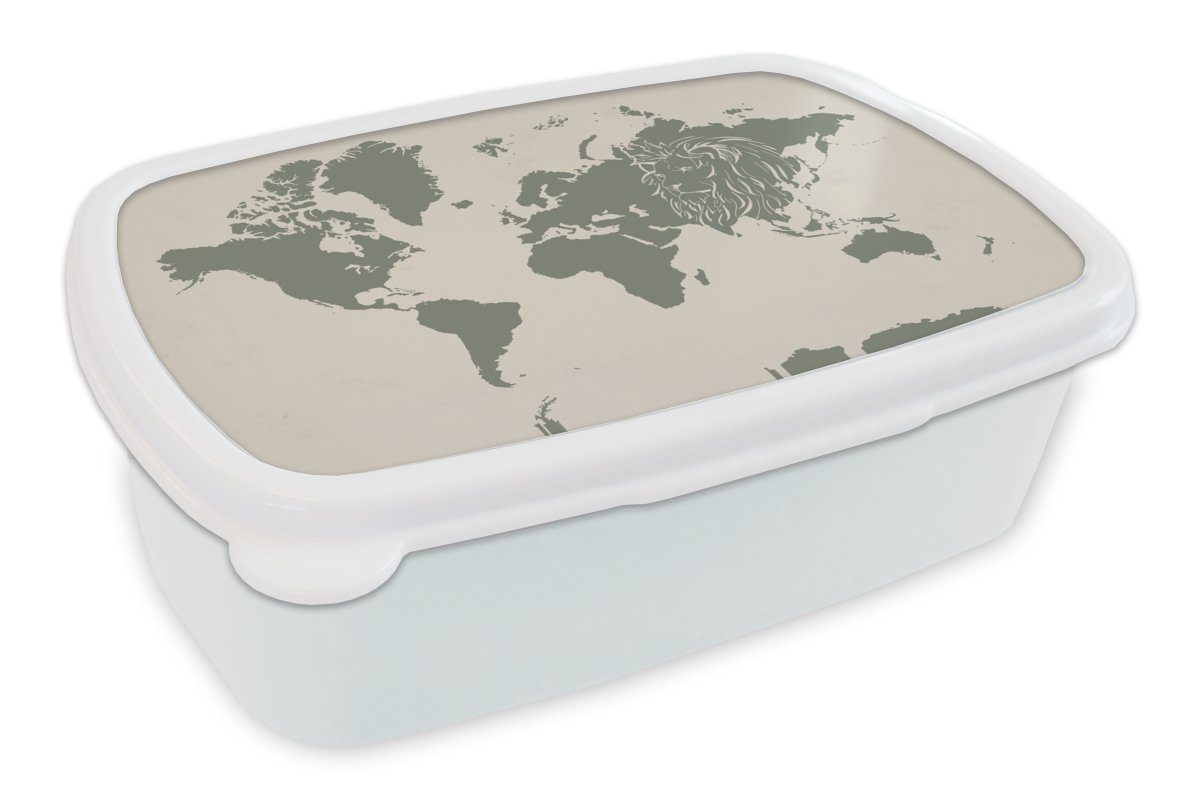 MuchoWow Lunchbox Weltkarte - Tiere - Löwe, Kunststoff, (2-tlg), Brotbox für Kinder und Erwachsene, Brotdose, für Jungs und Mädchen weiß