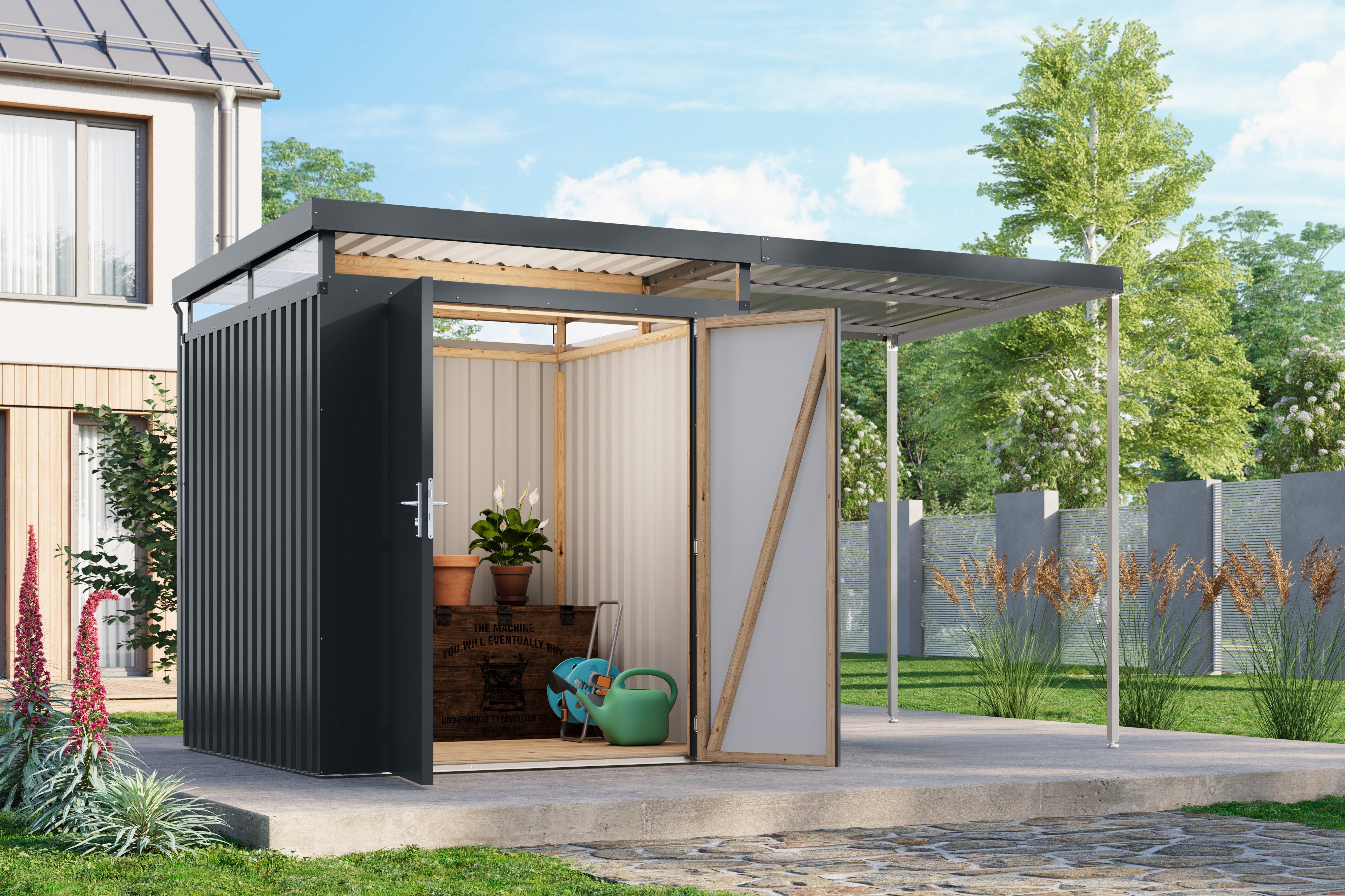 Karibu Gerätehaus Titanium 2 SET mit Anbaudach, BxT: 414x209 cm, Made in Germany