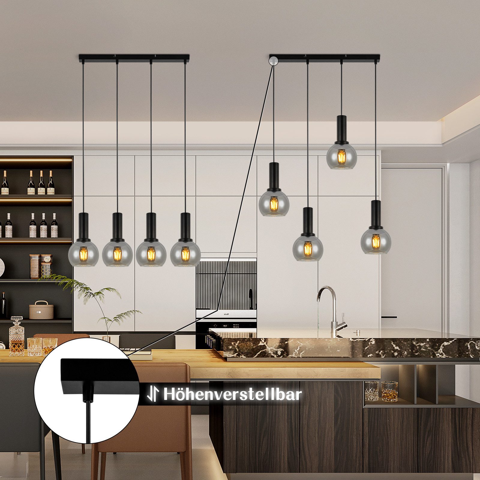 Nettlife Pendelleuchte Vintage Esstisch Glas Schwarz Industrial E27 Wohnzimmer, Höhenverstellbar, LED wechselbar, Esstischlampe für Wohnzimmer Küche – Bild 4 von 5