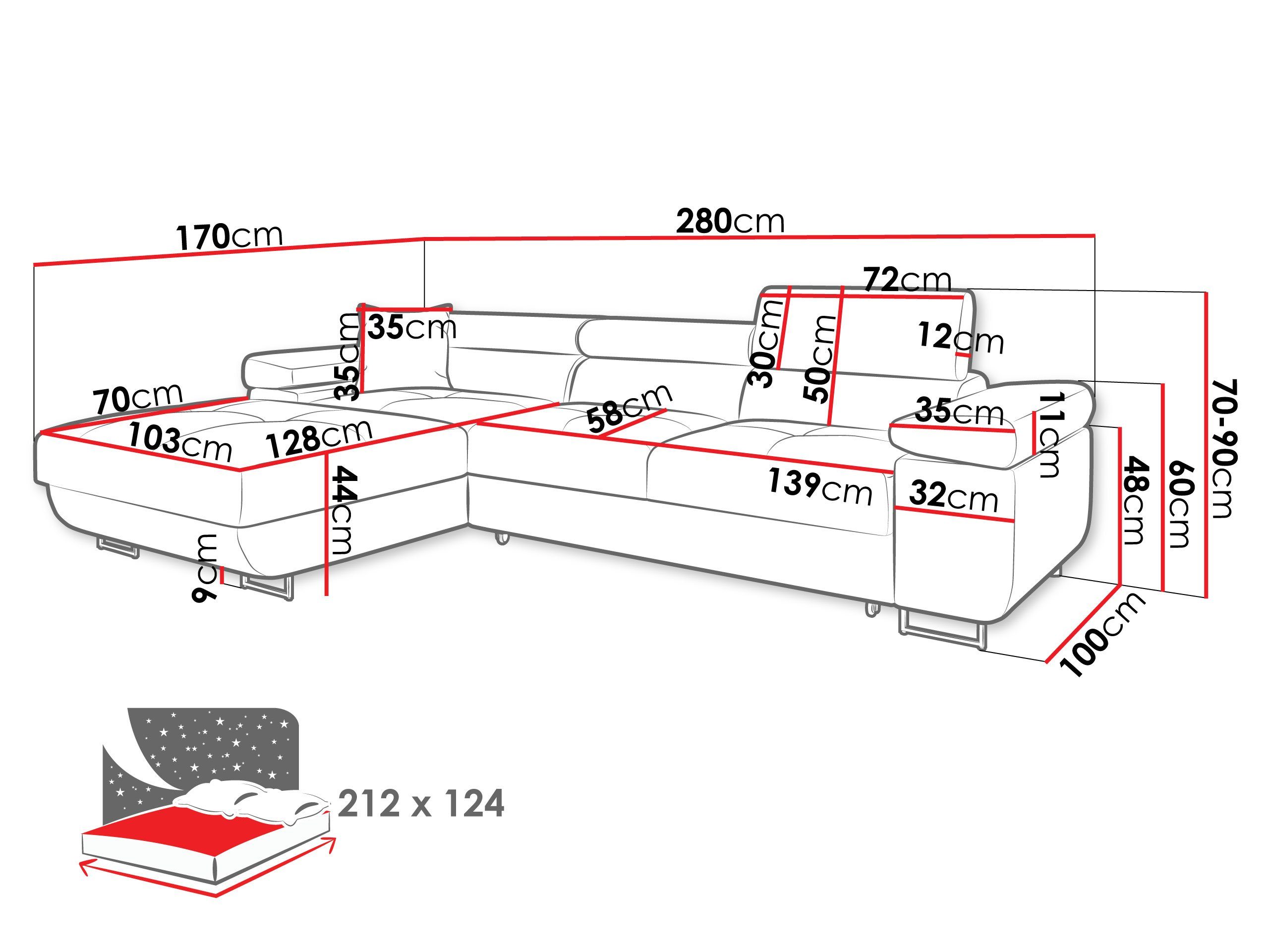 MIRJAN24 Ecksofa Torezio Mini, mit Bettkasten und Schlaffunktion, Einstellbare Kopfstützen, 280x170x70-90 cm
