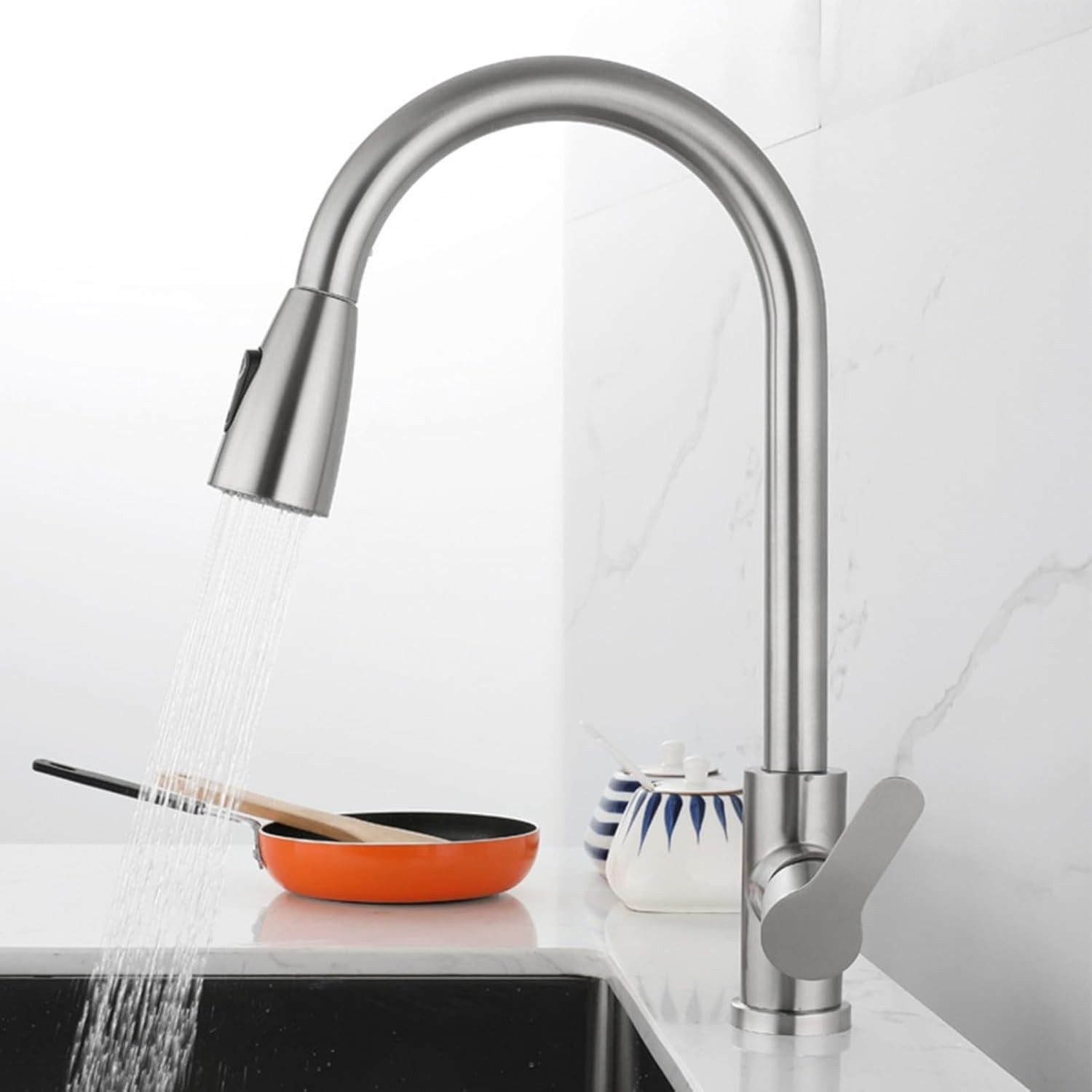 Faizee Home Küchenarmatur Armatur mit Ausziehbrause, Wave Schwarz & Chrom, 360° Drehbereich – Bild 4 von 5