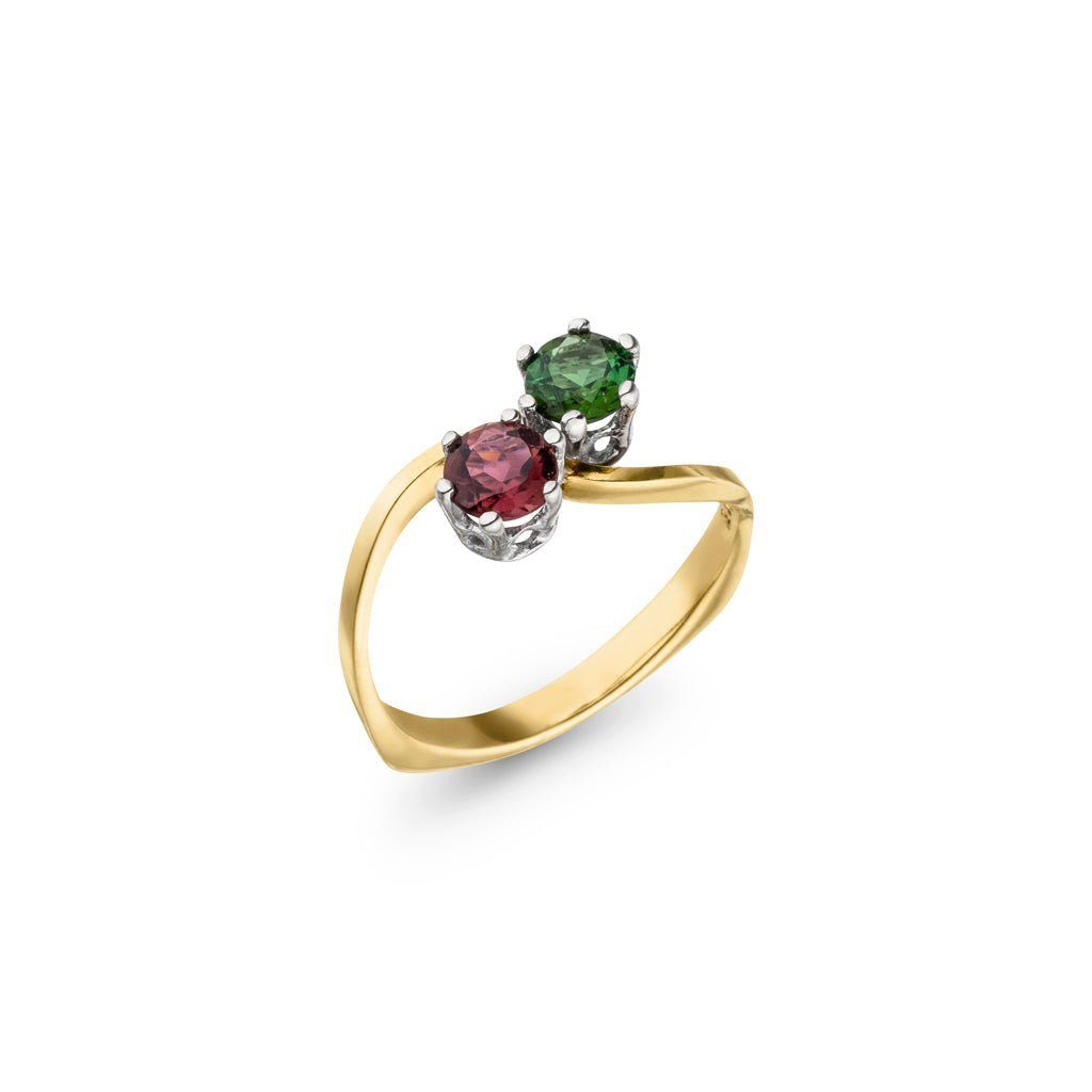 SKIELKA DESIGNSCHMUCK Goldring Gold Ring mit grünem und rotem Turmalin (Gelbgold 585), hochwertige Goldschmiedearbeit aus Deutschland
