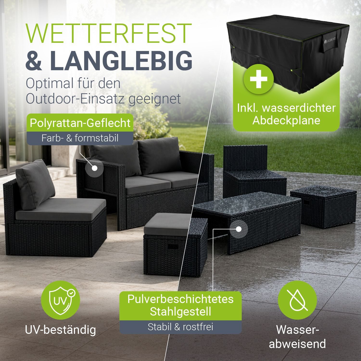 Juskys Gartenlounge-Set Salou, (6-tlg), für 6 Personen, Polyrattan, Glasplatte, mit Kissen & Abdeckung