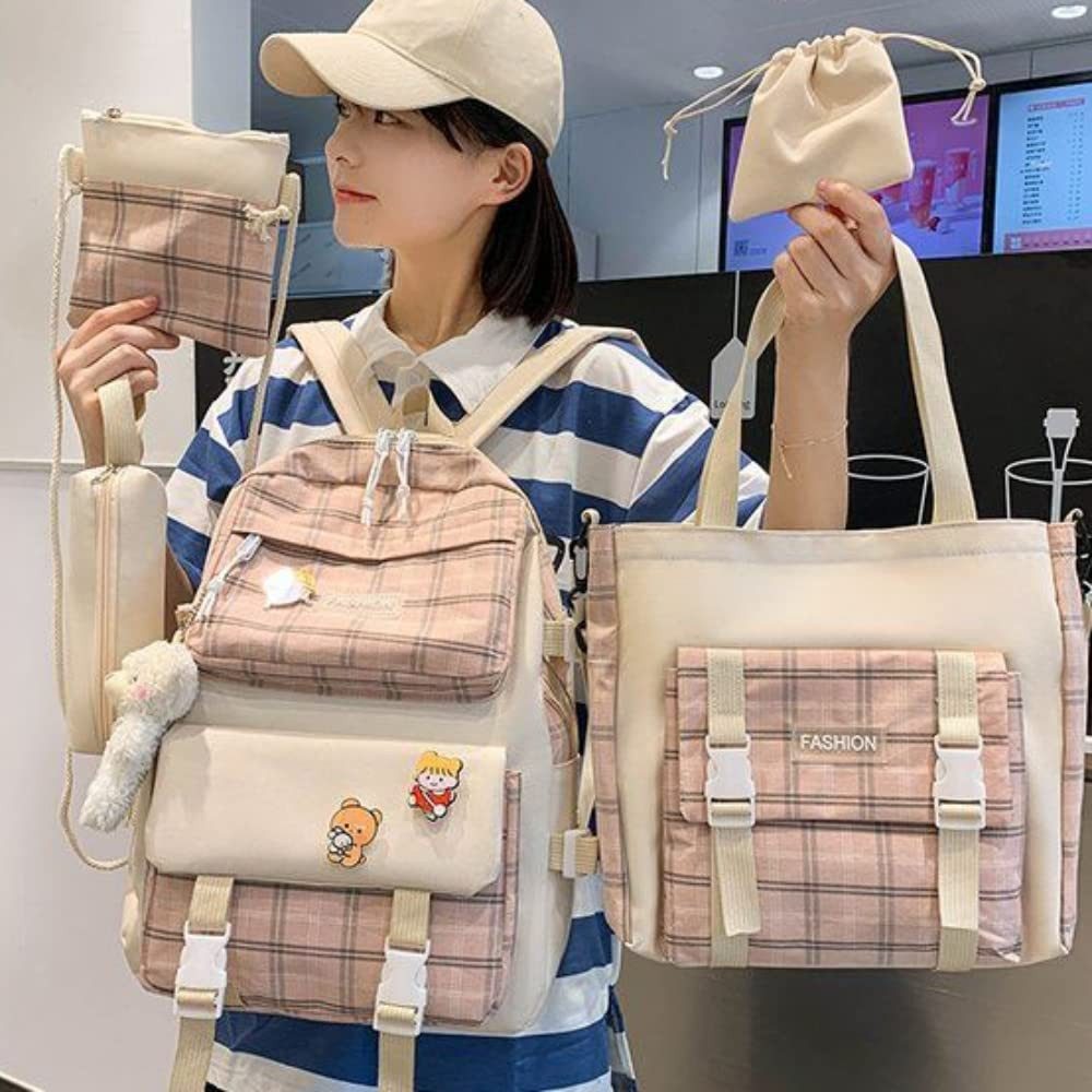 Coonoor Schulrucksack 5-teiliges Kawaii-Rucksack-Set mit Karomuster, günstig online kaufen
