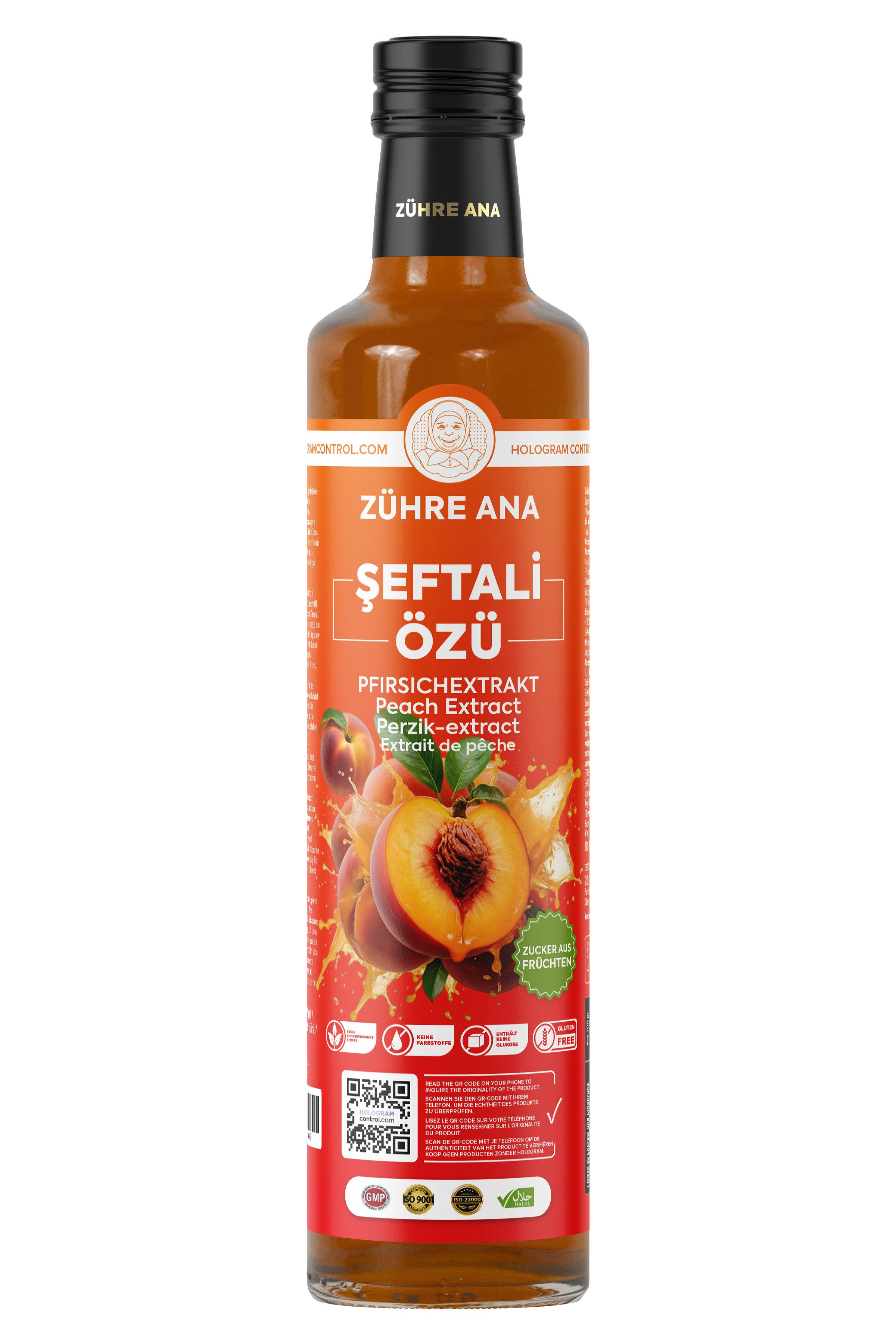 Zühre Ana® Sirup Pfirsichextrakt 640 g – 100 % Frucht, Konzentrat, Natürlich, 640 g, Mischverhältnis: 1+5 Mit charakteristischem natürlichem Aroma und Duft