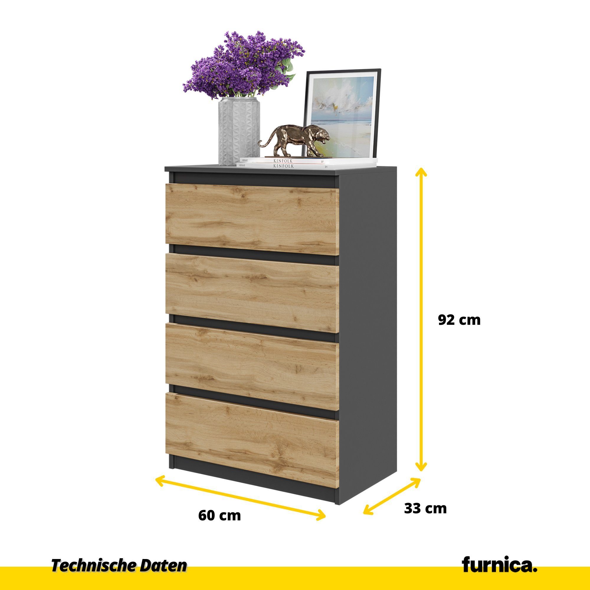 Furnica Kommode GABRIEL 4 Schubladen - Anthrazit Grau H92cm B60cm T33cm