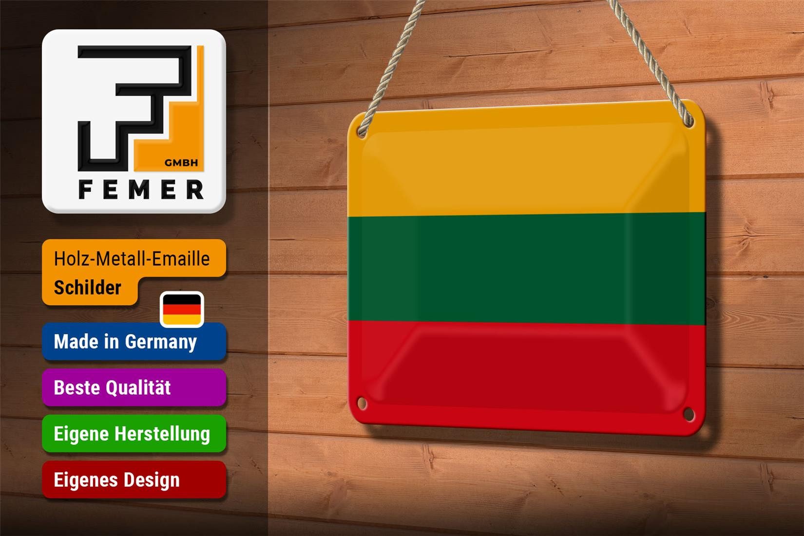 Femer GmbH Metallschild Flagge Litauens 18x12cm Flag of Lithuania, (1 St), gewölbte Oberfläche, abgerundete Ecken, umgeschlagene Kanten