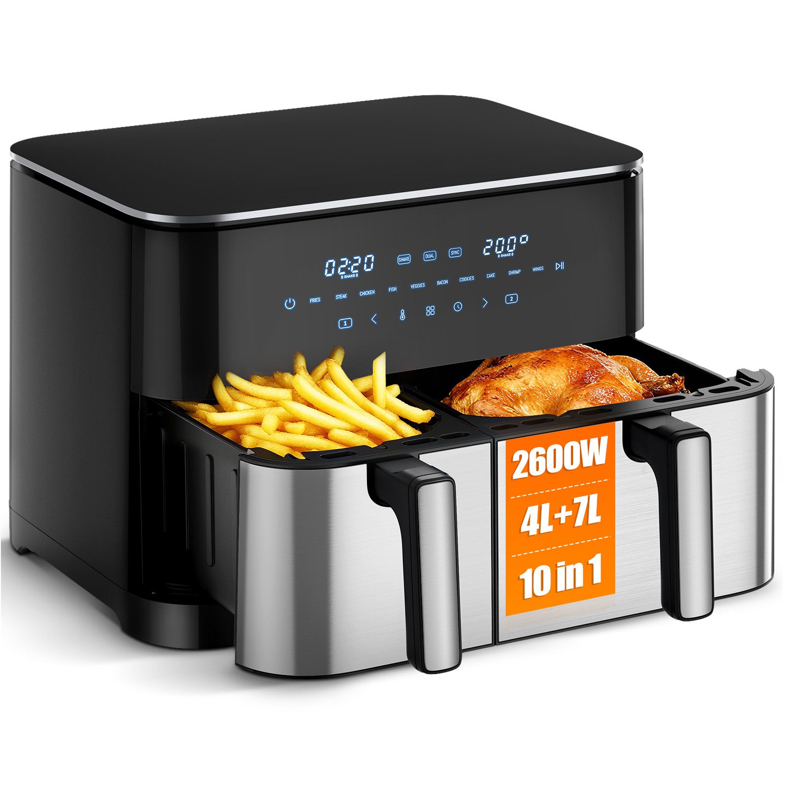 WELLENT Heißluftfritteuse 2 kammern,XXL Airfryer,10-in-1 LED-Touchscreen,energie-&zeitsparend, 2600 W, Antihaft-Metallkörbe, fettarmes gesundes Kochen für Familie&Party
