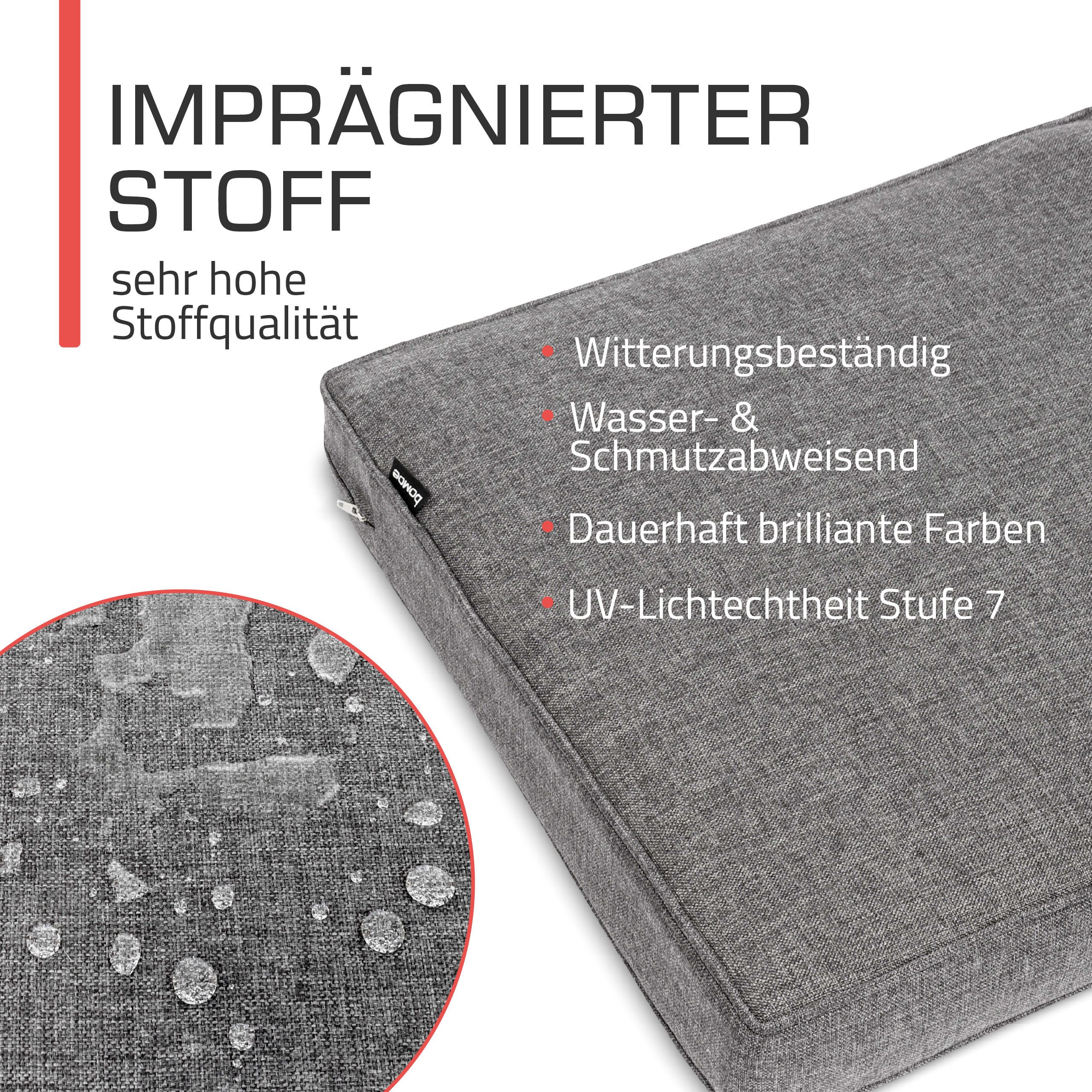 bomoe Sitzkissen Outdoor Loungekissen Ilano, 50x50x8cm, Hellgrau, Sitzkissen 8cm dick Polster Bezug Waschbar Gartenkissen UV-Schutz