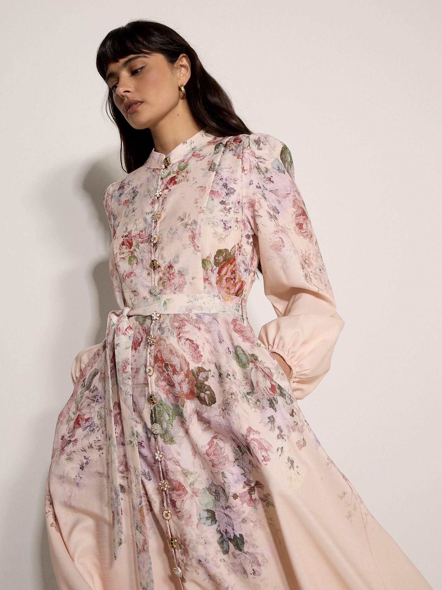 Apricot Hemdblusenkleid Midi-Kleid mit Vintage-Blumenmuster und Zierknöpfen
