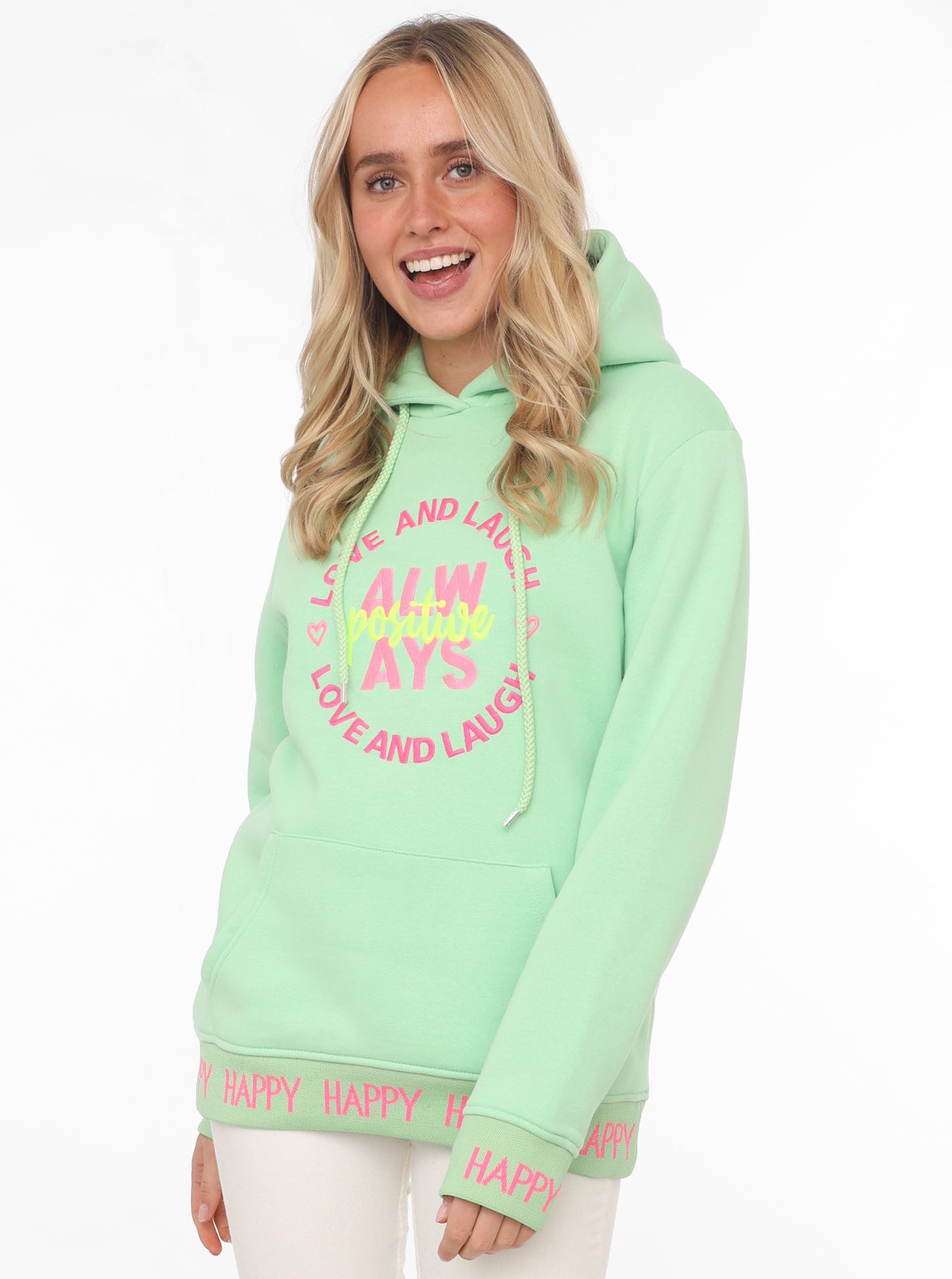 Zwillingsherz Hoodie "Always Positive" Kapuze, Stickerei, Fronttasche, Bündchen-Schriftzug, Langarm – Bild 2 von 5