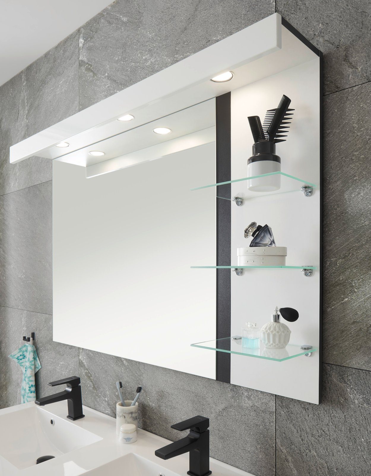 120 LED cm), 85 Hochglanz, in und Beleuchtung Wandspiegel Design-D x inkl. Furn.Design Badspiegel weiß (großer weiß