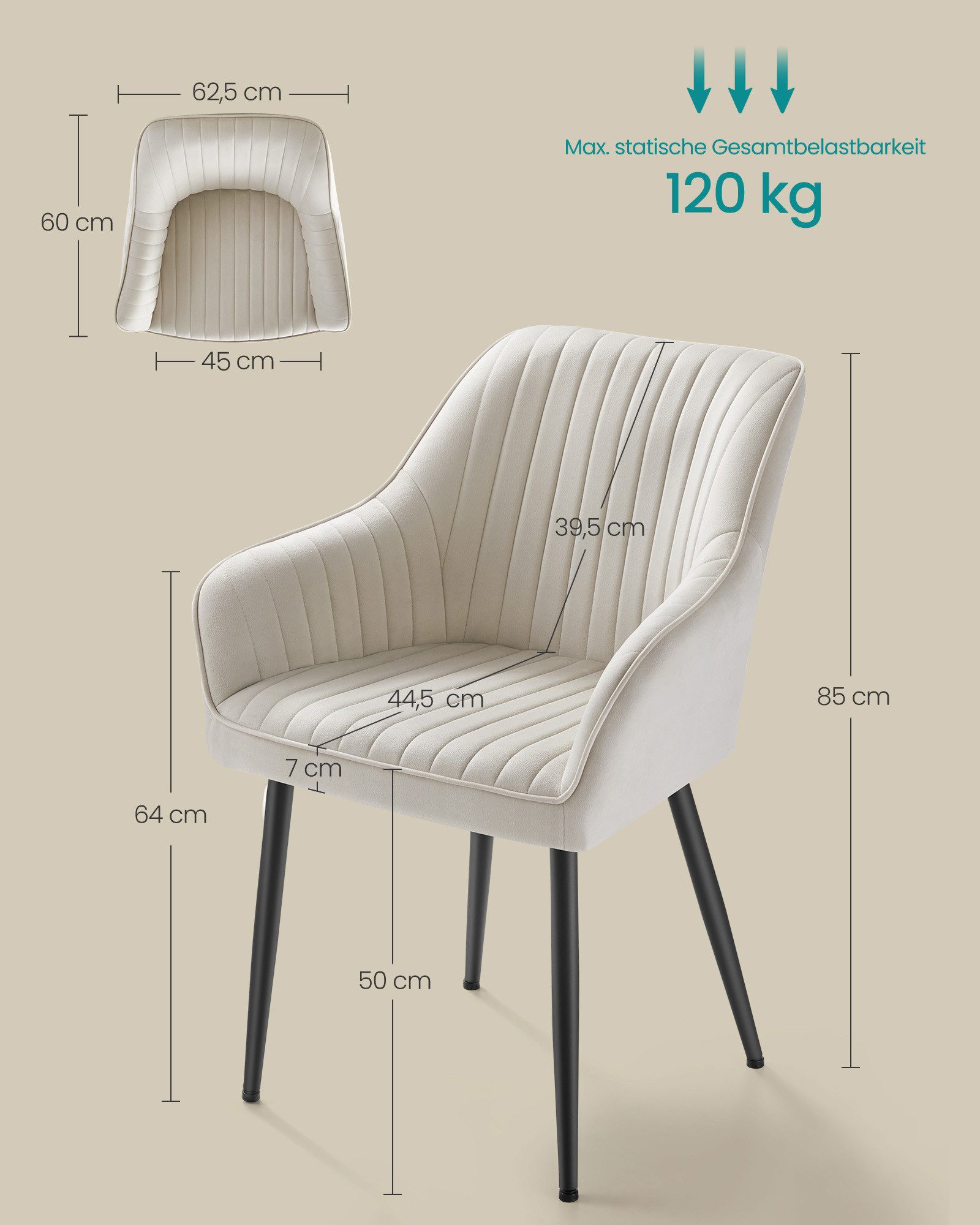 SONGMICS Esszimmerstuhl Küchenstuhl aus Samt, Polsterstuhl mit Armlehnen, Loungesessel (4 St), 4er Set Küchenstuhl, bis 120 kg belastbar – Bild 5 von 5
