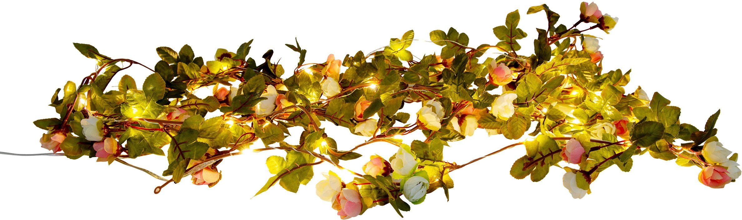 5m weiße rosa Rosenblüten, warmweiße LED-Lichterkette 420cm, Länge Röschen, und LED, Zuleitung näve