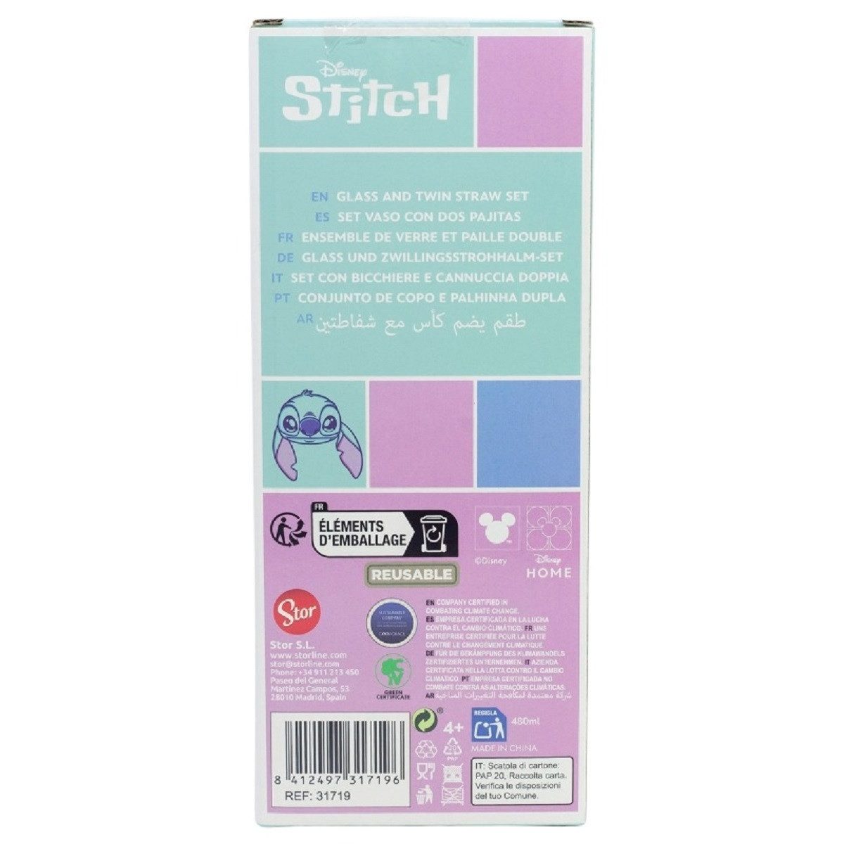 Lilo & Stitch Glas 480 ml mit 2 Edelstahl Trinkhalmen, 3-tlg., Glas