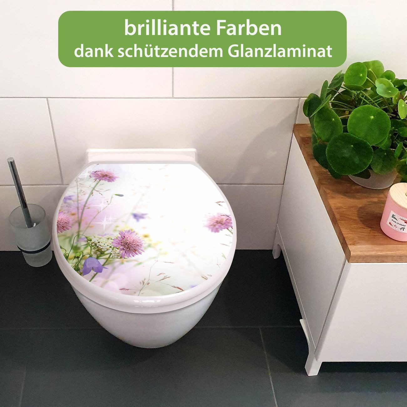 banjado WC-Sitz mit Absenkautomatik Motiv Glitzernde Wiese (umweltfreundliches Material, integrierte Scharniere), 44,5 x 37 x 5 cm