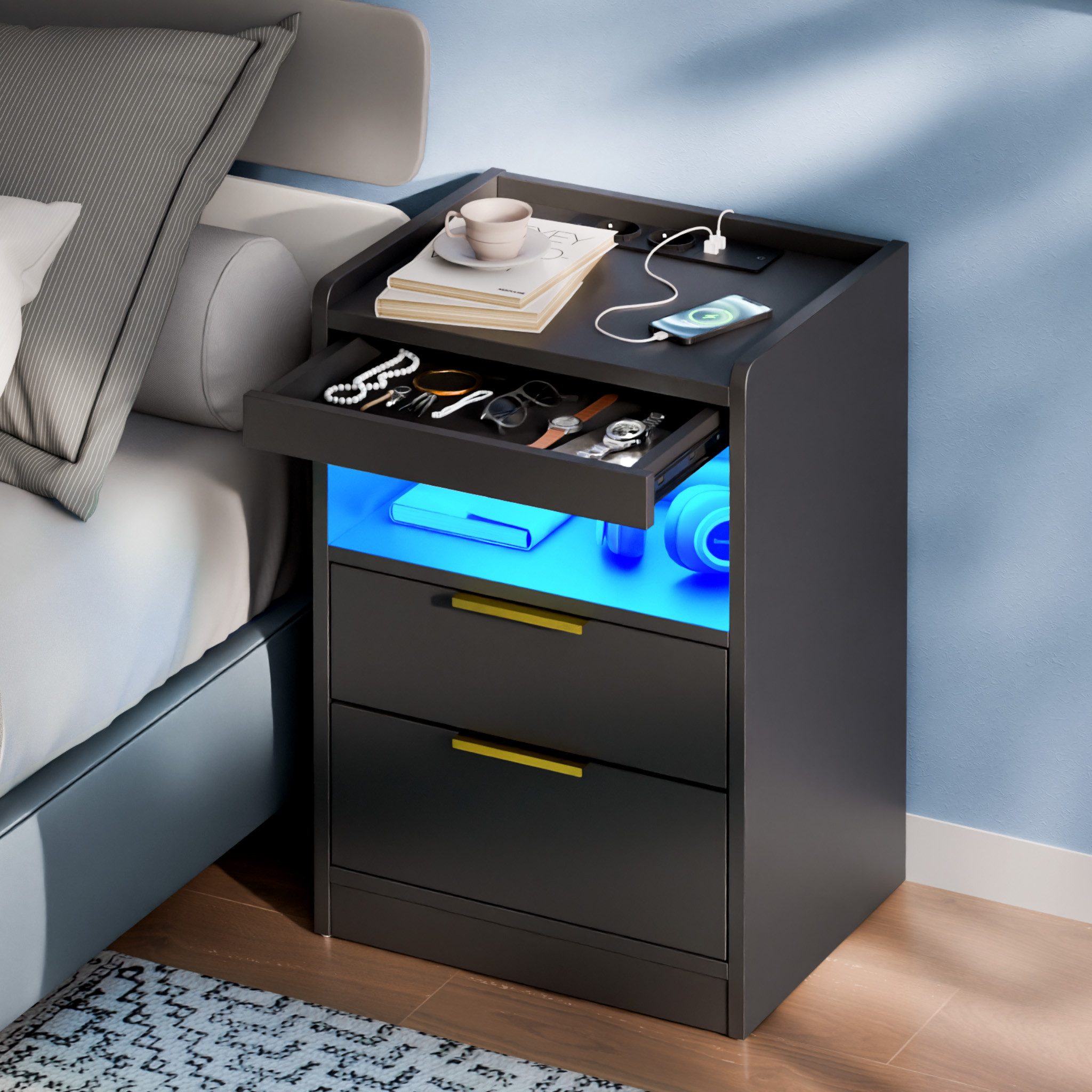 Mondeer Nachttisch LED Nachtkommode (Packung, Beistelltisch mit Steckdosen) günstig online kaufen