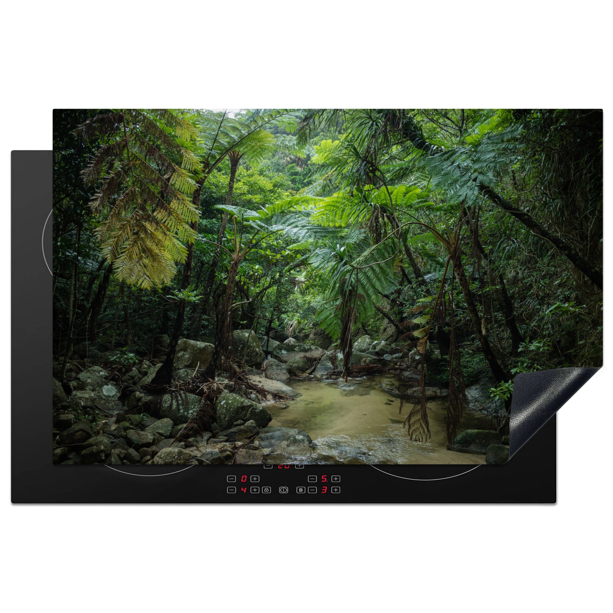 MuchoWow Herdblende-/Abdeckplatte Fluss im tropischen Dschungel, Vinyl, (1 tlg), 81x52 cm, Induktionskochfeld Schutz für die küche, Ceranfeldabdeckung