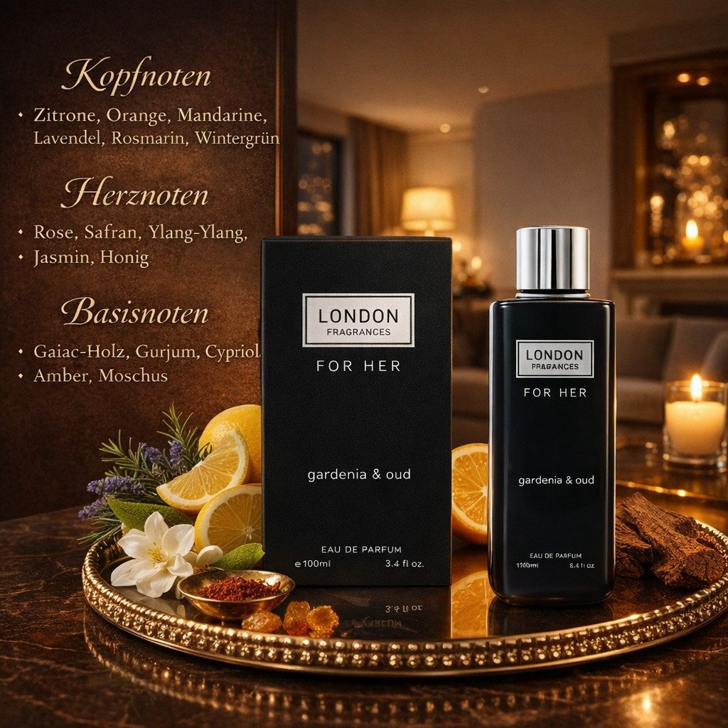 LONDON FRAGRANCES Eau de Parfum London Fragrances For Her Gardenie & Oud Würzig Orientalisch 100 ml, 1-tlg., Hergestellt in UK, Damenduft,Elegant