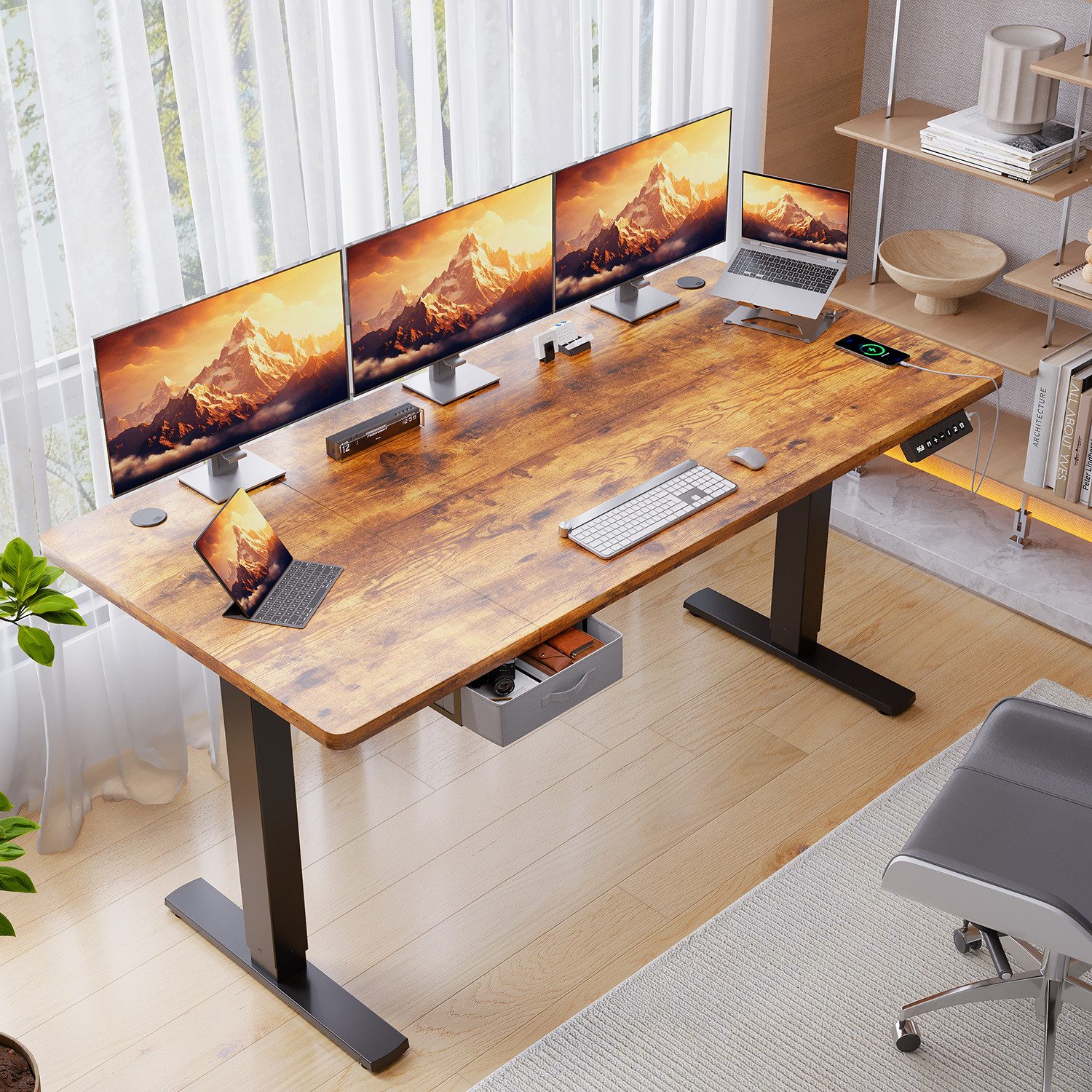 HOMALL Schreibtisch mit Memory-Funktion, höhenverstellbar, breitere Tischplatten (Tischbreite 140/160/180*80 cm, mit Schublade, ausgestattet mit USB-Ladeanschluss, bestehend aus vier Platten)