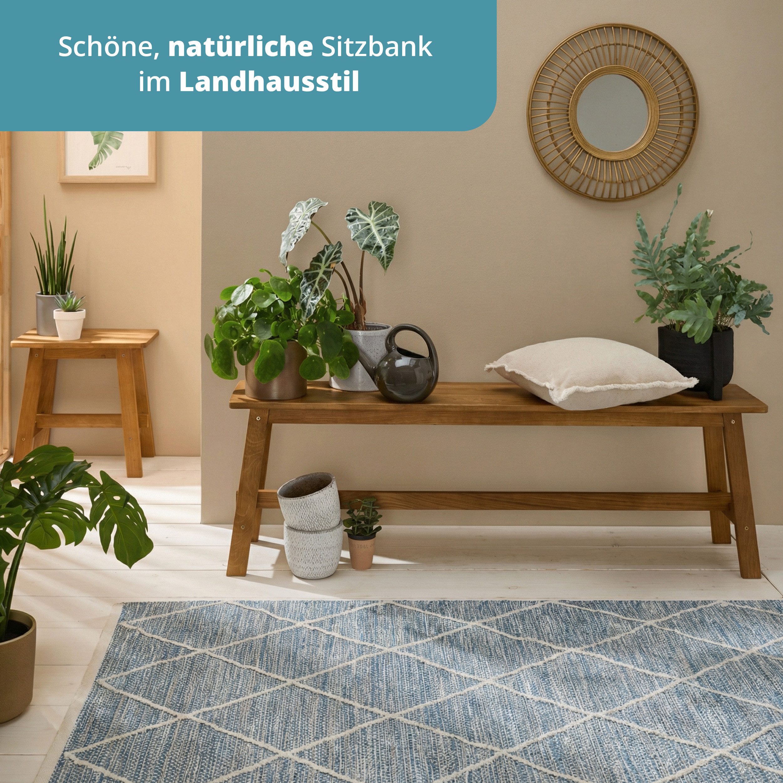KHG Sitzbank Dekobank für 2-3 Personen, Skandi Look, bis 200 kg belastbar, geölt, atmungsaktiv, Massivholzgestell