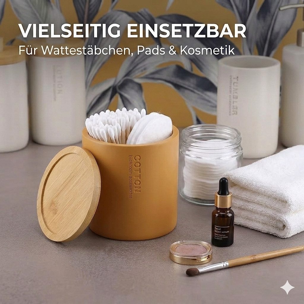TENDANCE Wattestäbchenspender Wattedose Wattepadspender Kosmetikdose Wattebehälter Polyresin/Bambus
