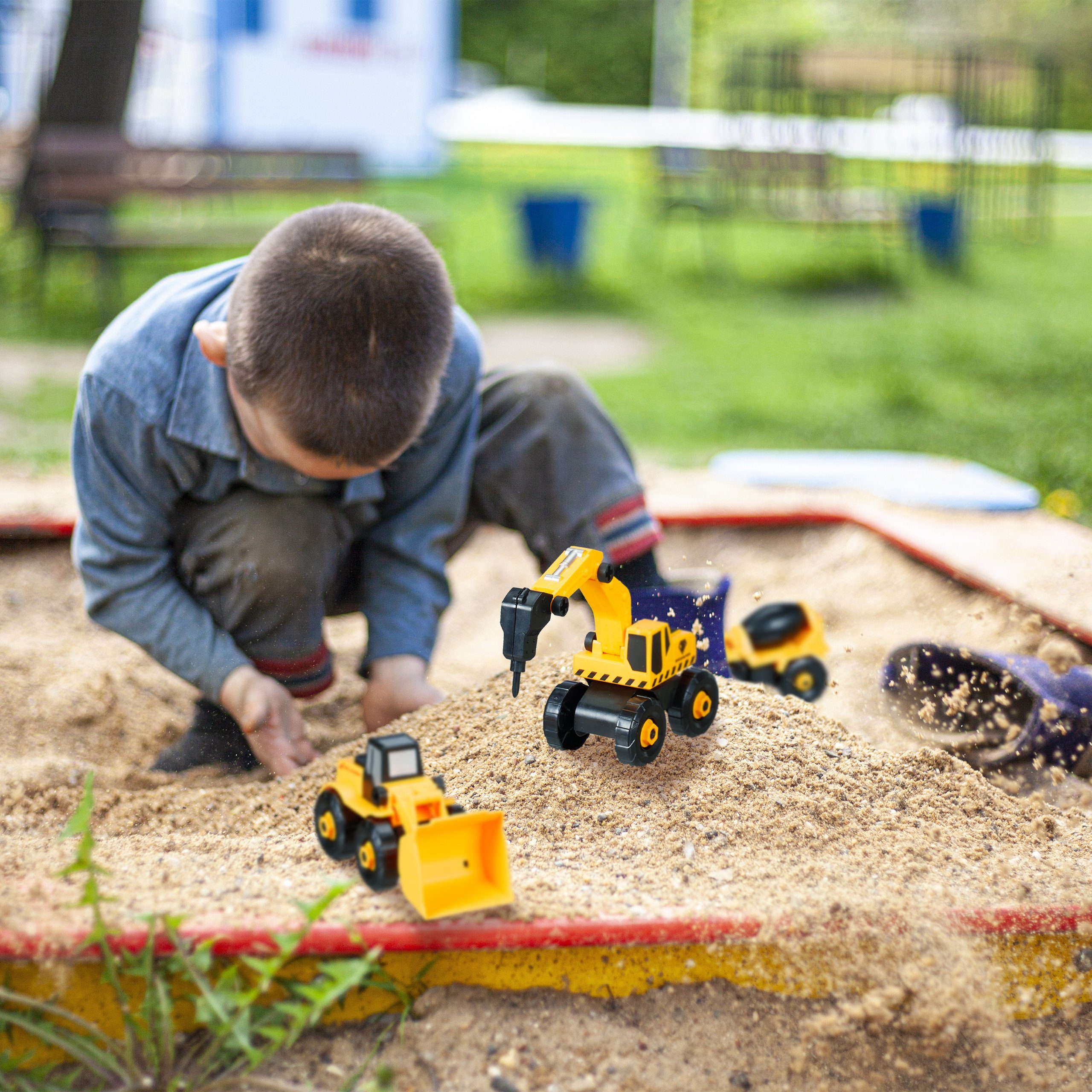relaxdays Spielzeug-Bagger Baustellenfahrzeuge Kinder 6-tlg. Set