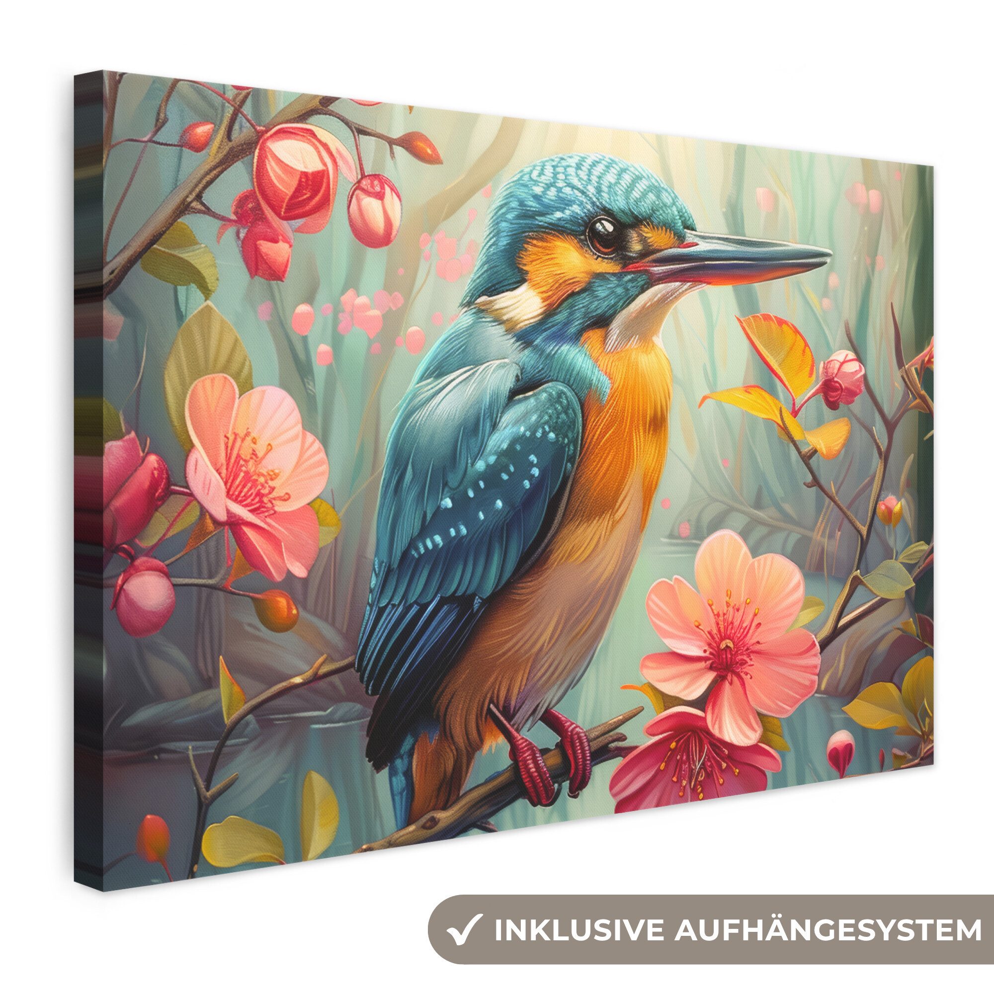 OneMillionCanvasses® Leinwandbild Eisvogel - Blüte - Natur - Vögel - Blumen, Fotodruck (1 St), Leinwand Bilder Klein, Wand Dekoration Aesthetic 30x20 cm