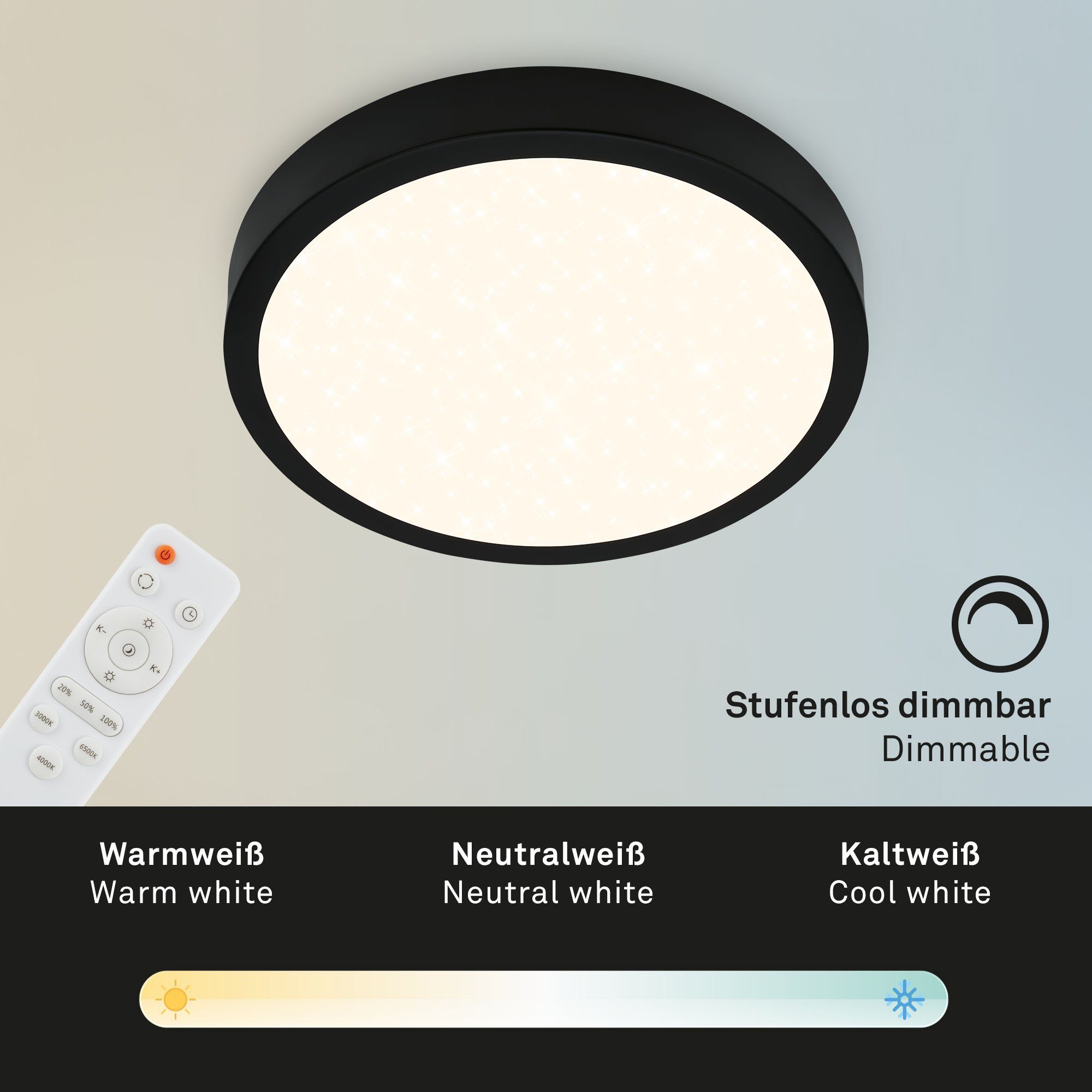 Briloner Leuchten Aufbauleuchte Schlafzimmer, Fernbedienung, dimmbar, Speicherfunktion, 3701-015, Farbtemperatursteuerung, CCT Farbwechsler, 18W, Sternenhimmel, Timer, Küche Neutralweiß, fest verbaut, Nachtlicht, Kaltweiß, Wohnzimmer, 28x4cm, Warmweiß, Deckenlampe, Schwarz, LED Tageslichtweiß